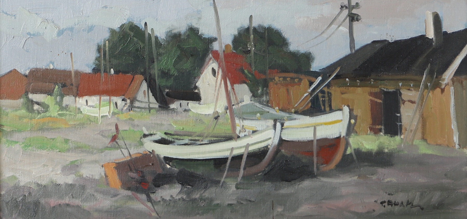 TAGE AHLM. Upplagda båtar, olja på duk, signerad T. Ahlm.