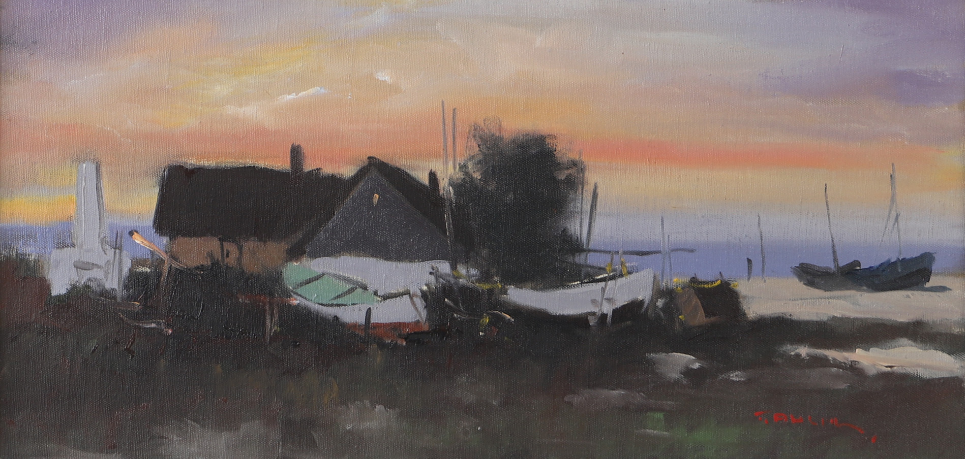 TAGE AHLM. Upplagda båtar, olja på duk, signerad T. Ahlm.