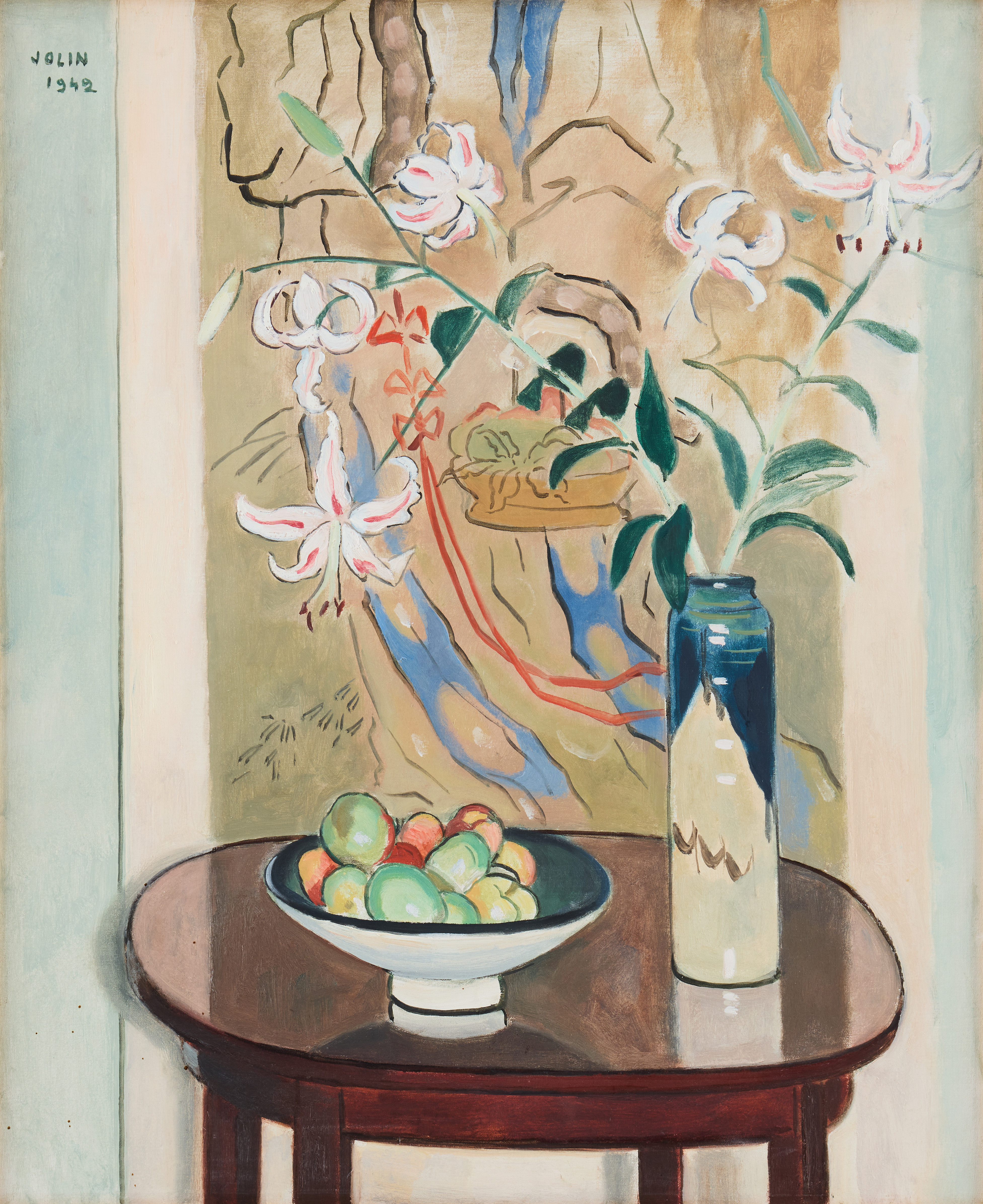 EINAR JOLIN. Stilleben med liljor och fruktskål.