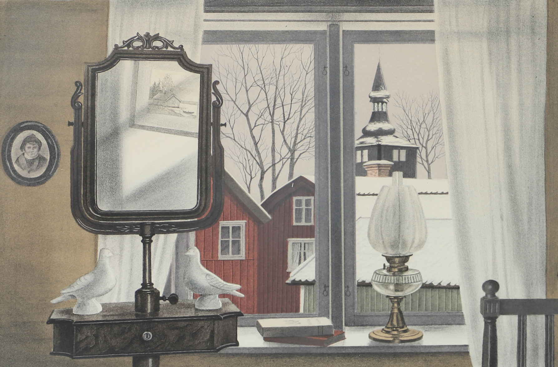 REINHOLD LJUNGGREN. Interiör, färglitografi, signerad R. Ljunggren.