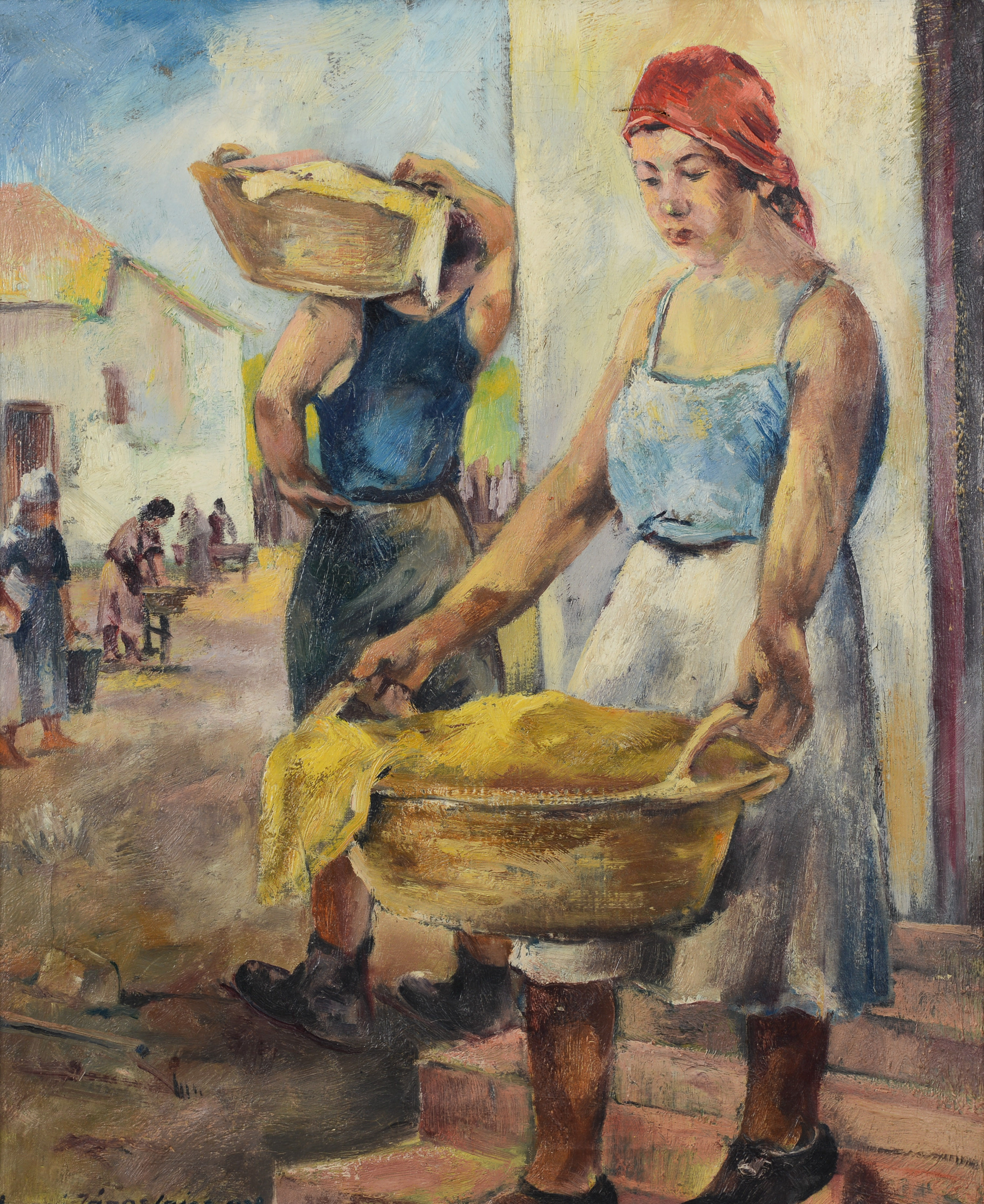 JÁNOS LAJOS TIHANYI. Kvinna med tvättkorg, olja på duk, signerad.