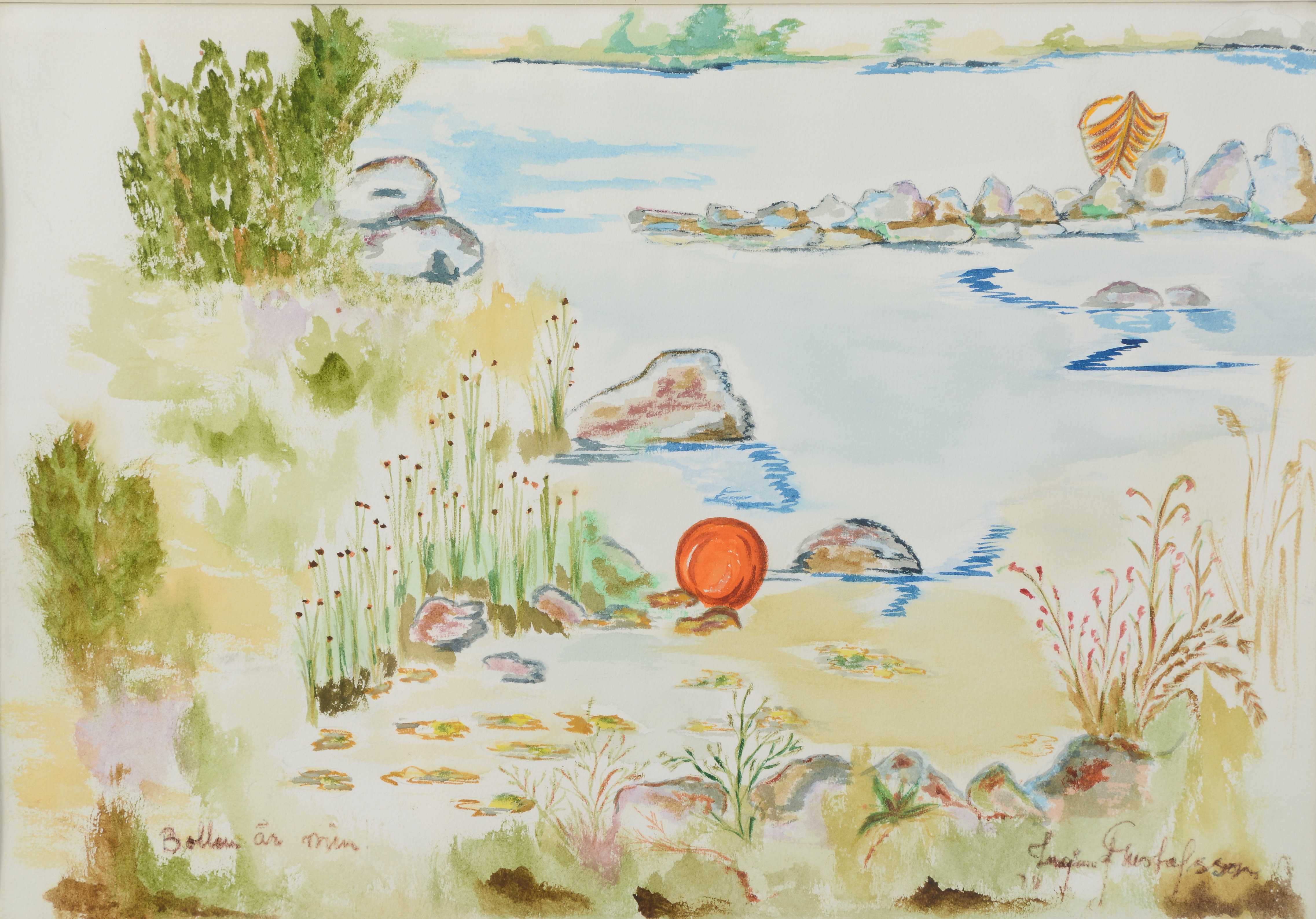 OIDENTIFIERAD KONSTNÄR. "Bollen är min", akvarell, signerad.