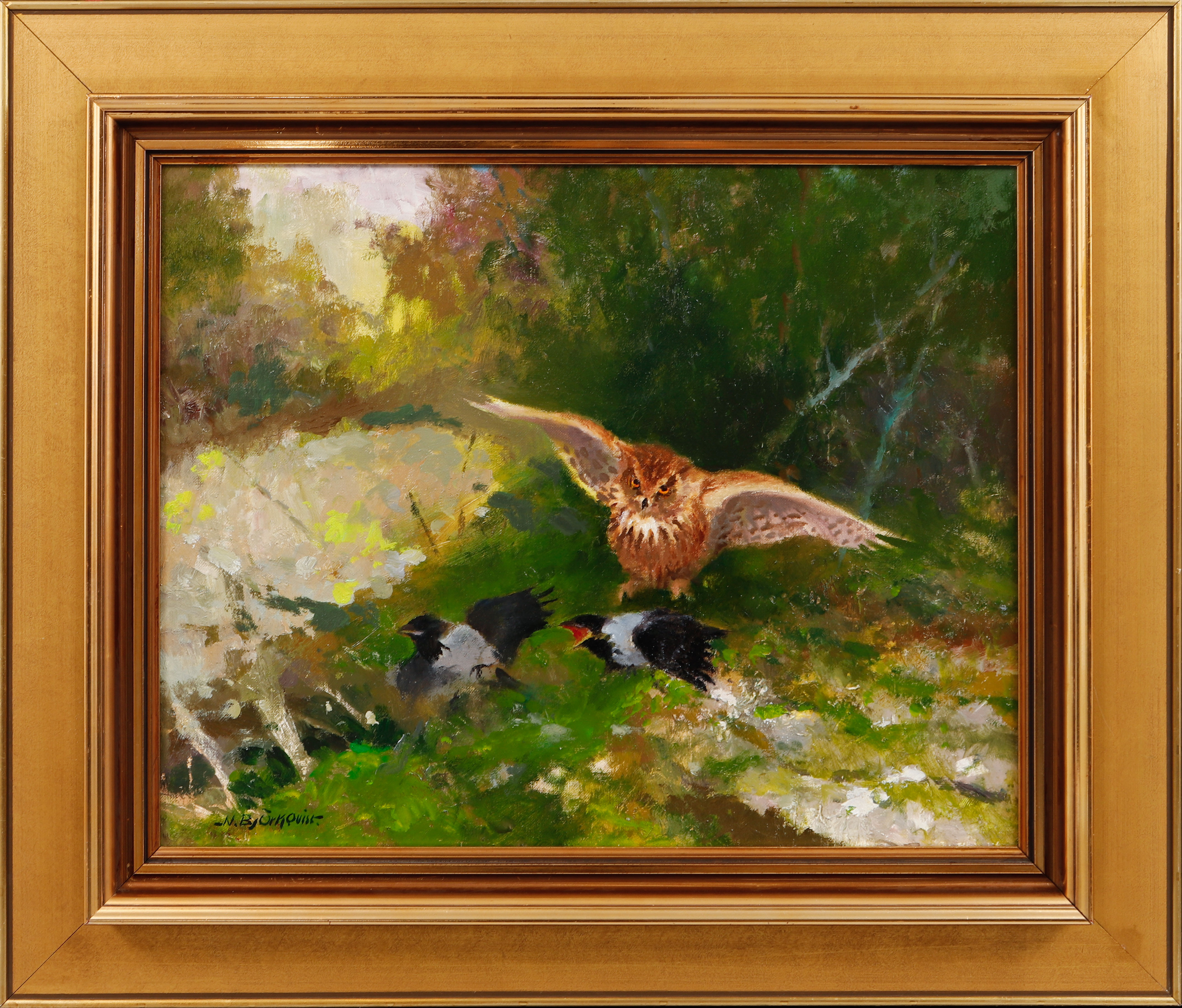 NILS BJÖRKQVIST. Uggla och kråkor, olja på duk.