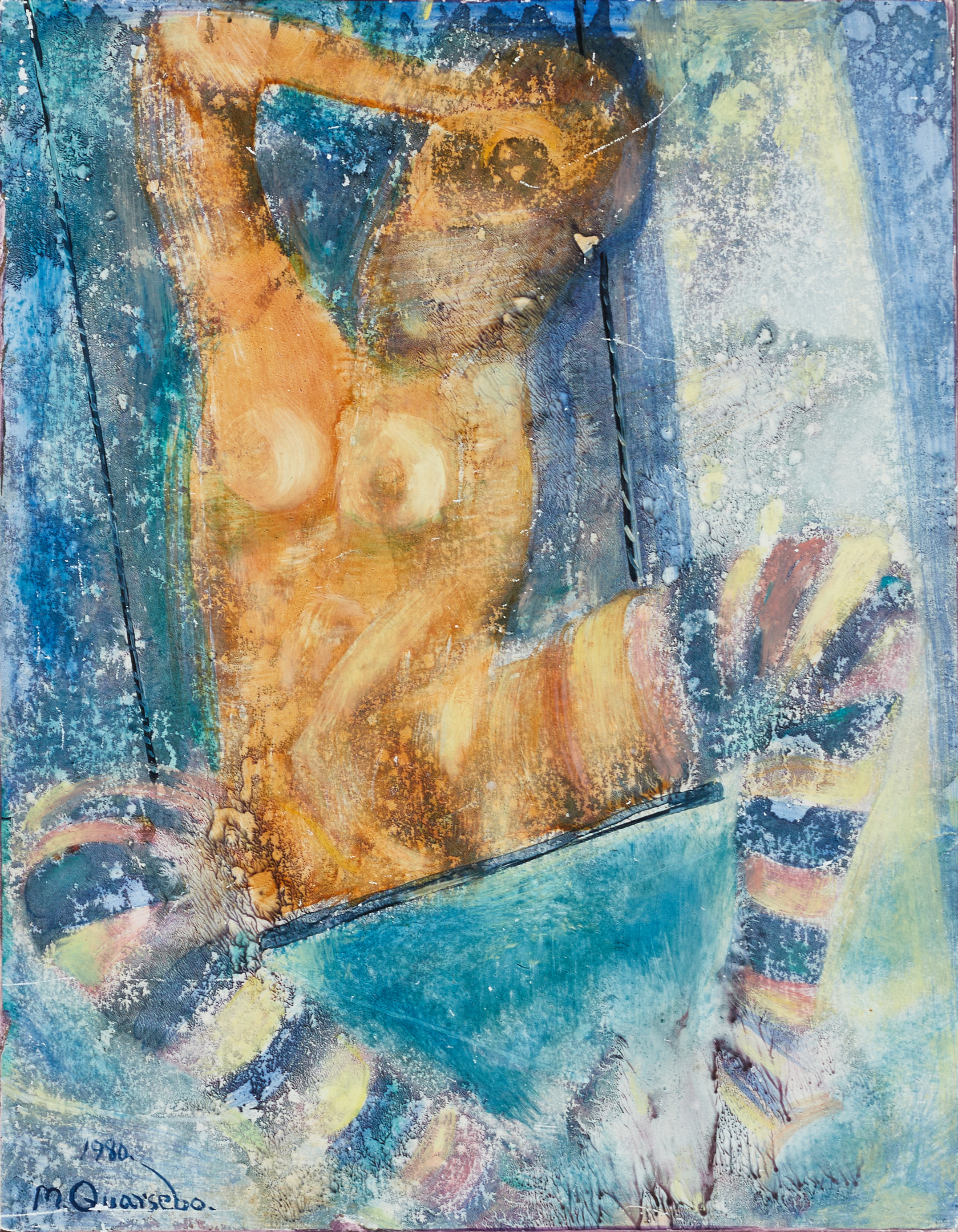 MICHAEL QVARSEBO (SVERIGE, FÖDD 1945). komposition med poserande kvinnogestalt, signerad och daterad M. Qvarsebo 1980, blandteknik på pannå (på grafisk grund).