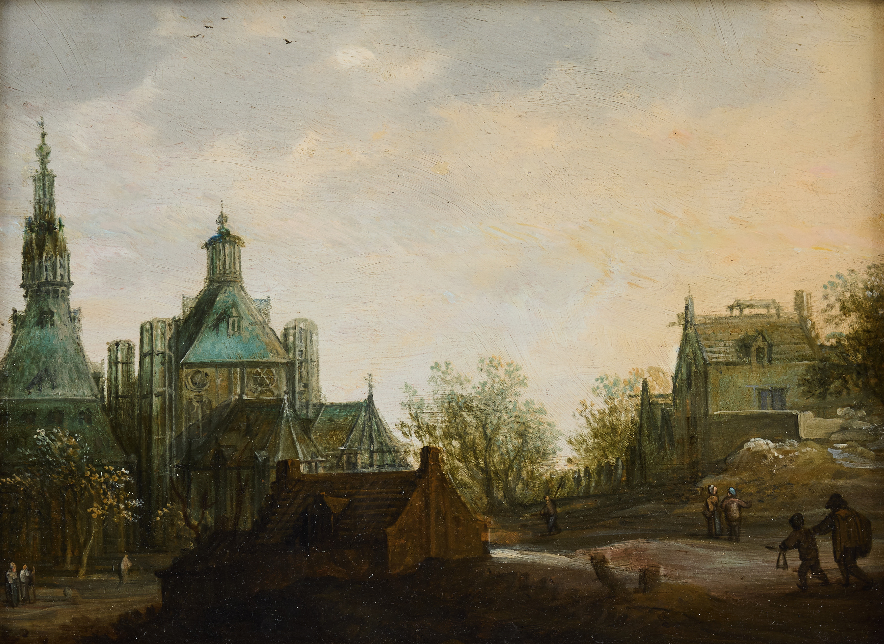 JAN VAN GOYEN (LEIDEN 1596-1656 HAAG). Hans krets. Byscen med kyrka.
