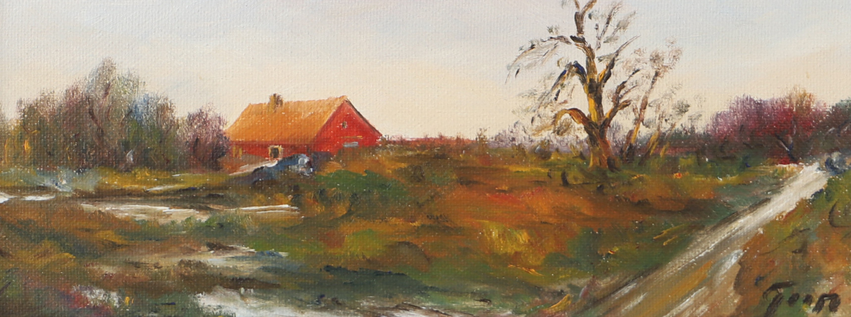 OIDENTIFIERAD KONSTNÄR. Landskap med hus, olja på pannå, otydligt signerad.