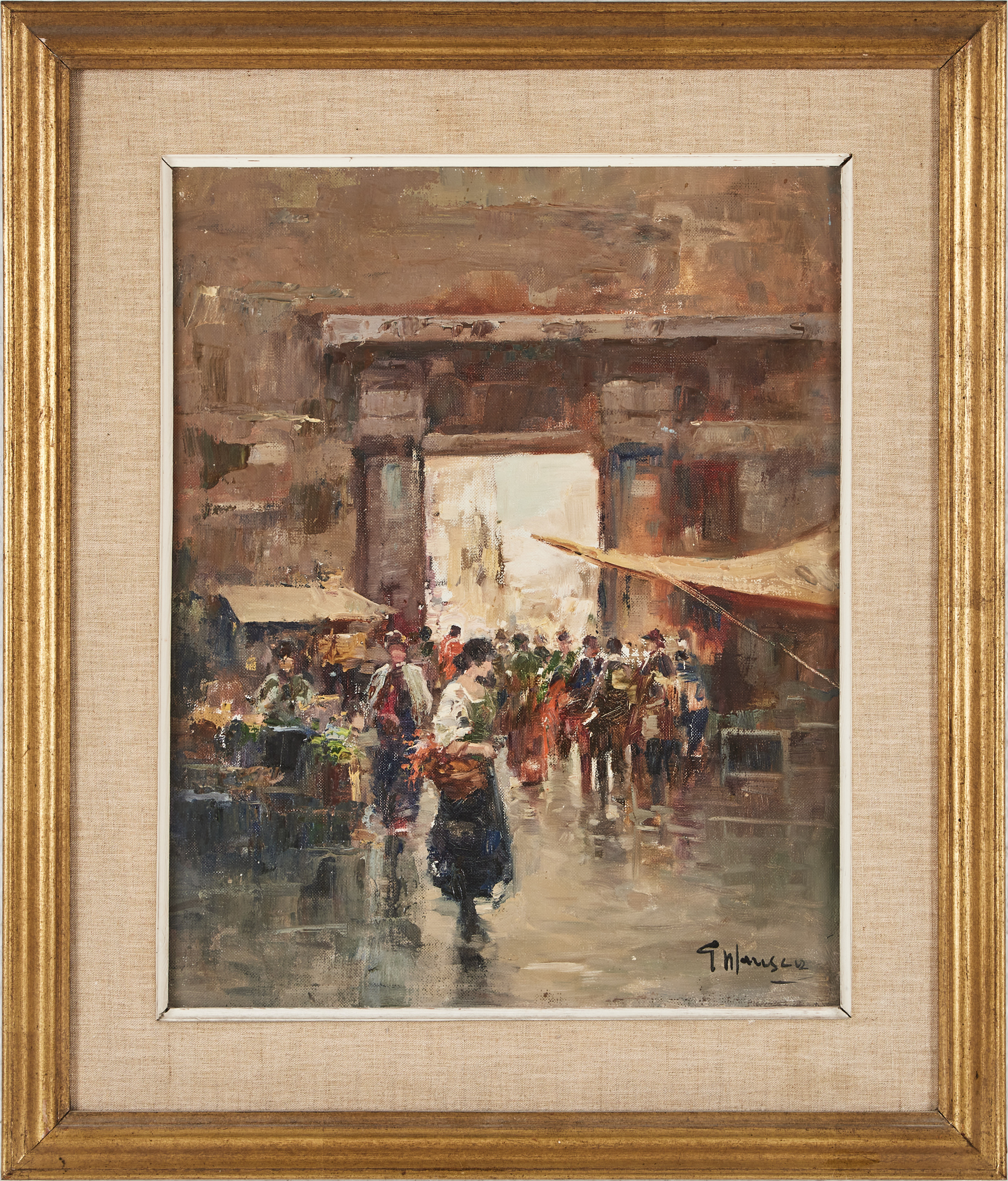 OIDENTIFIERAD KONSTNÄR. Torgscen, olja på duk, otydlig signatur.