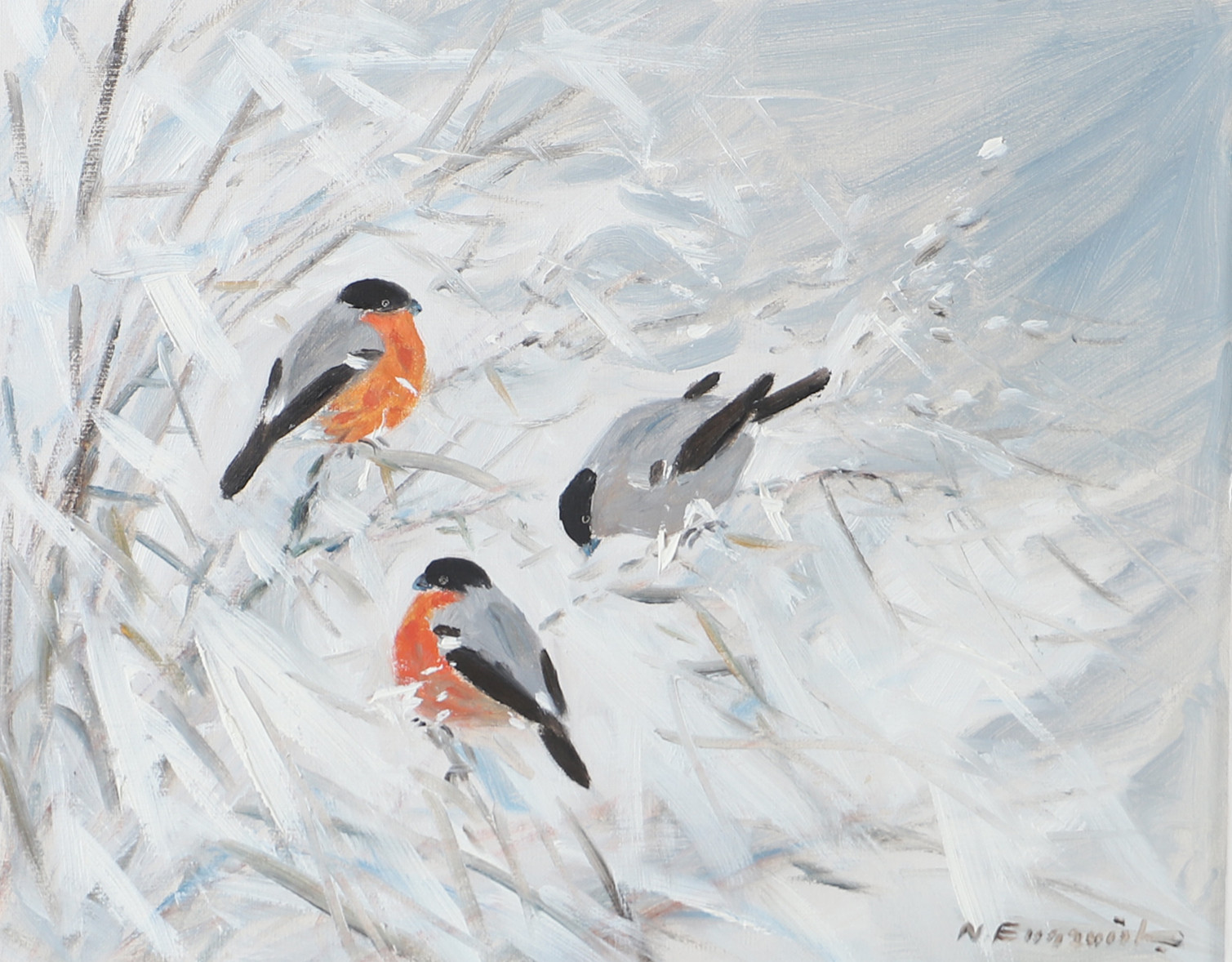 NILS EDVIN ENGQUIST. Domherrar i vinterlandskap, olja på duk, signerad N. Engquist.