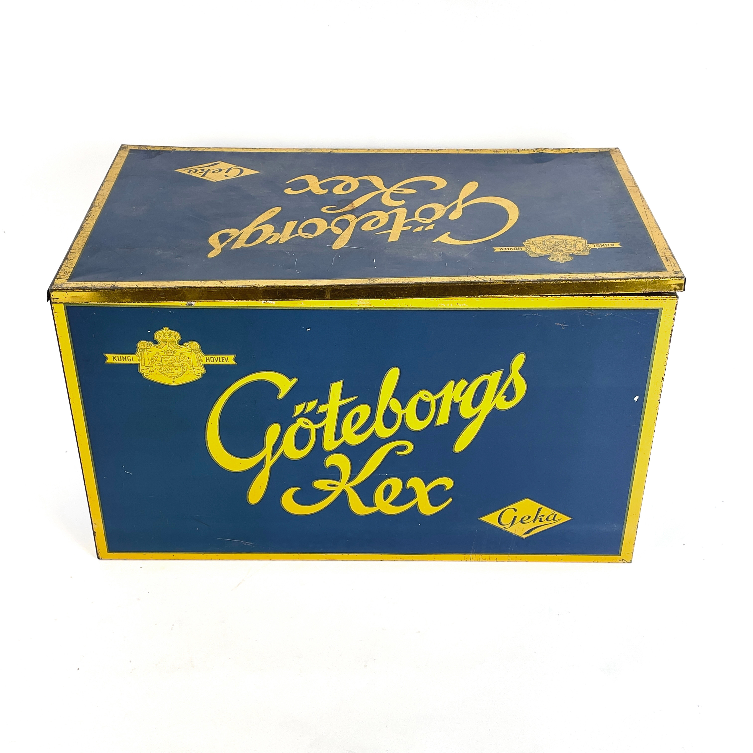 PLÅTBURK. Litograferad plåt, "Göteborgskex", Gekå, 1900-talets mitt.