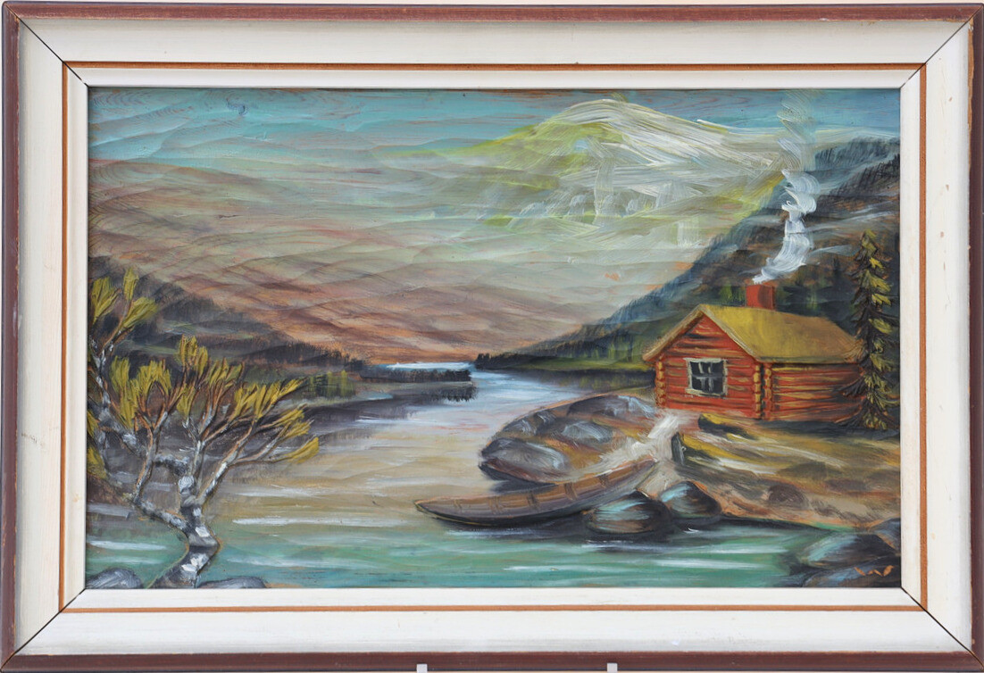 TRÄSKUREN TAVLA, Landskap med stuga, signerad.