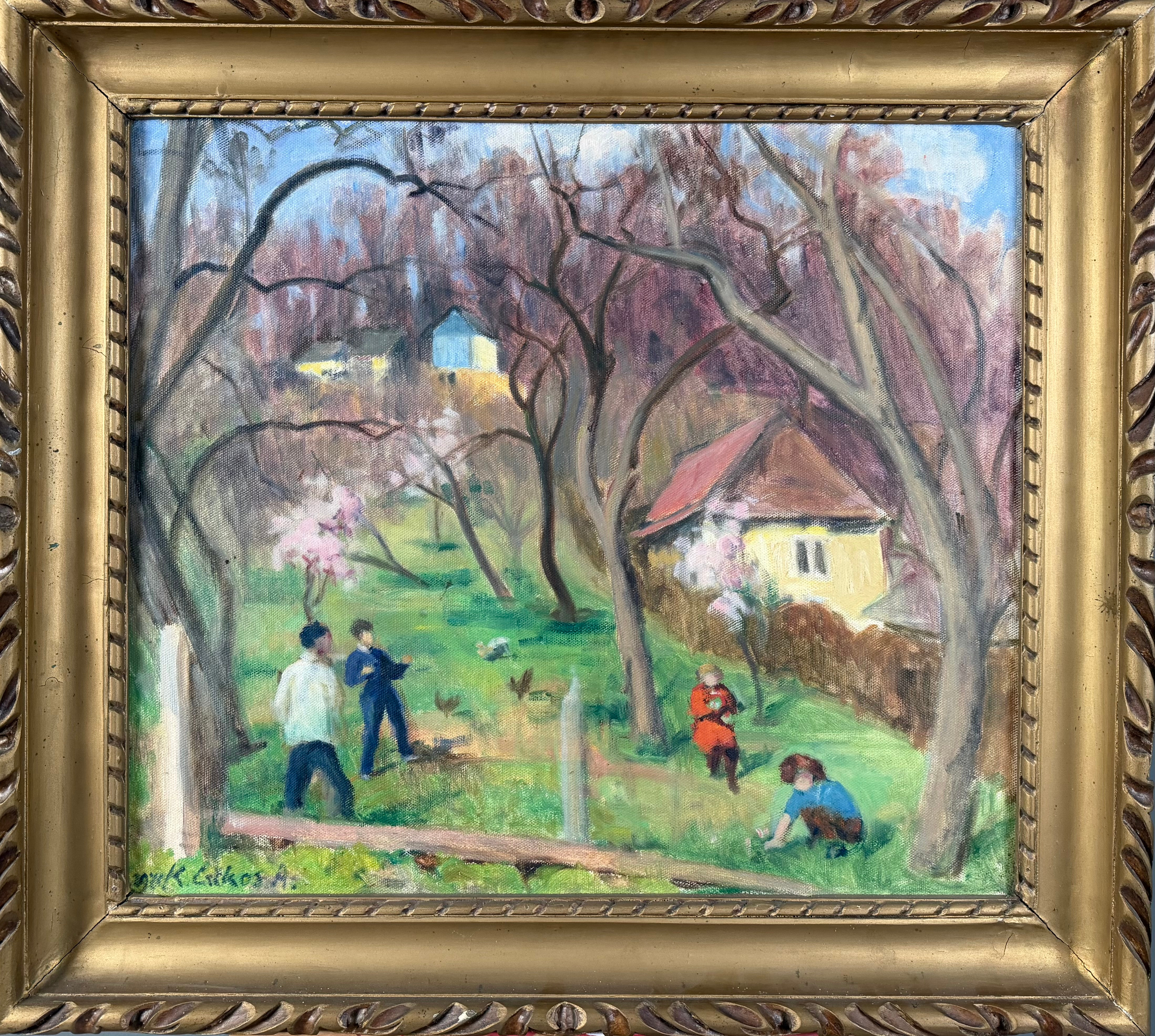 ANTÓNIA KRIZSAN CSIKÓS (Ungern, 1887-1987). Lekande barn i vårlandskap i Baia Mare, olja på duk, signerad K Csikos A.