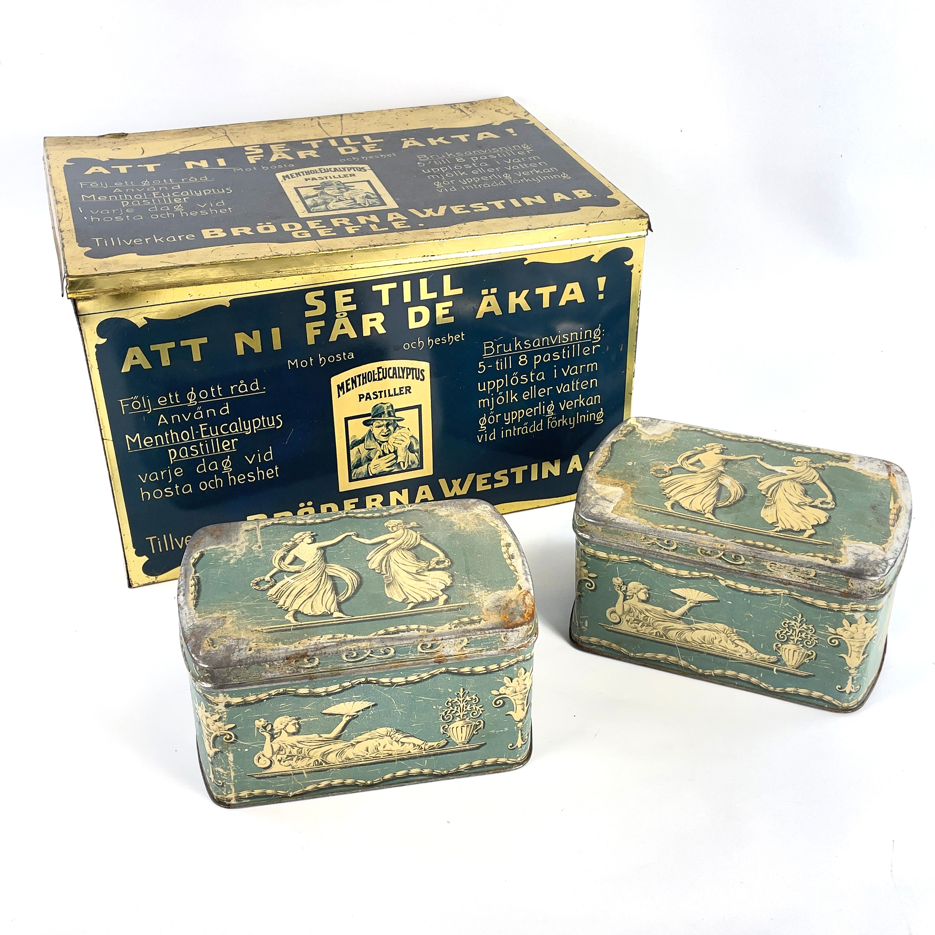 PLÅTBURKAR, 3 st, bl.a. "Menthol-Eucalyptus pastiller", Bröderna Westin AB, Gefle, 1900-tal.