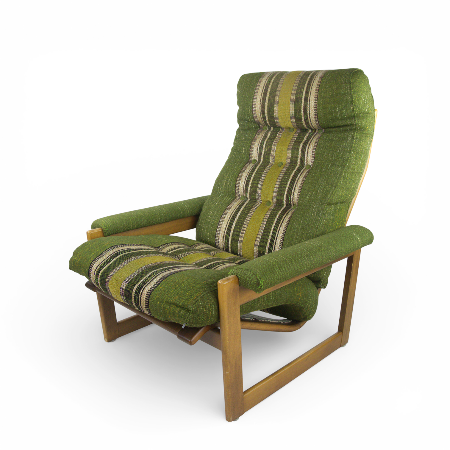 FÅTÖLJ, stomme av teak, grönrandig ullklädsel, 1970-tal.