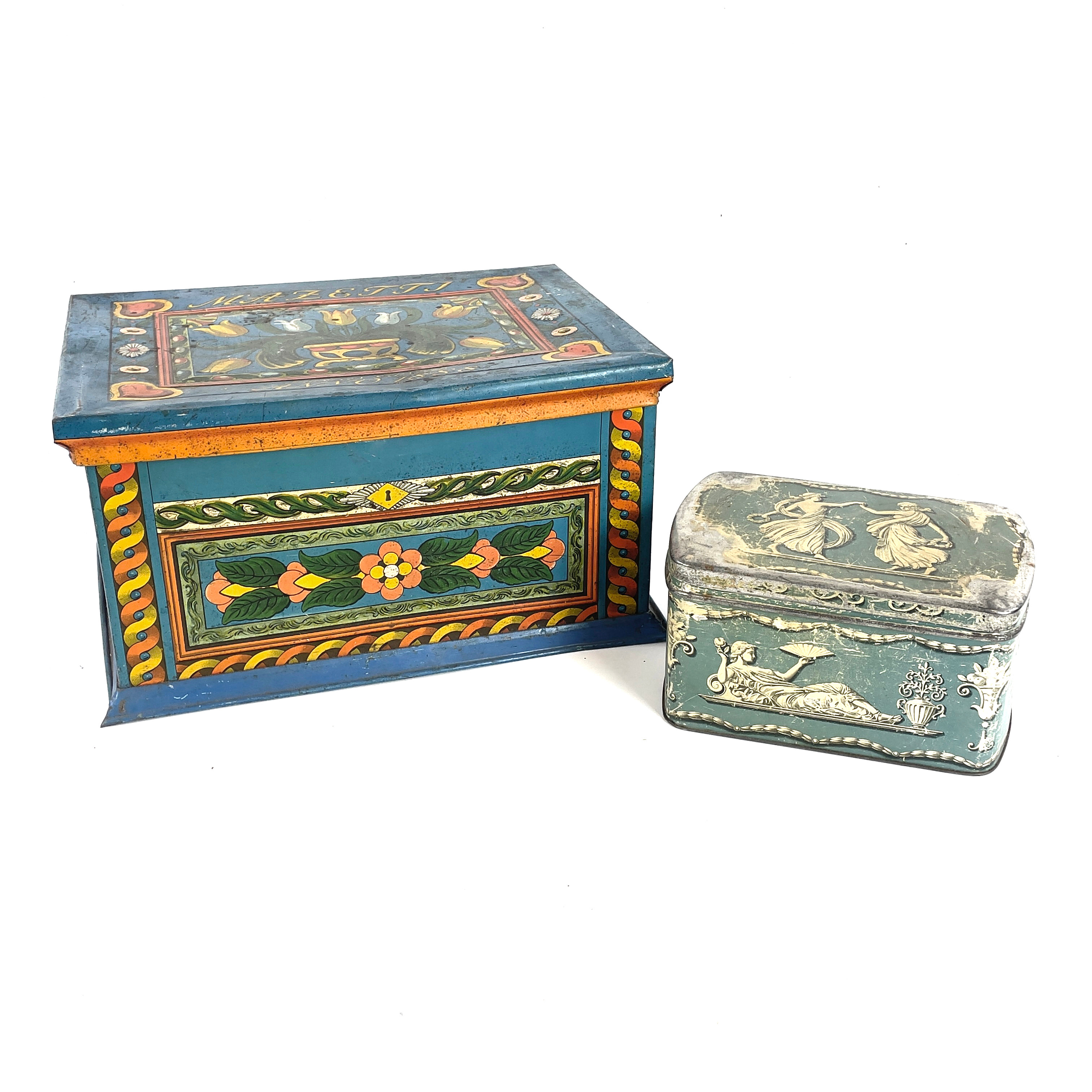 PLÅTBURKAR, 2 st. Litograferad plåt, bl.a. "Mazetti", Malmö, 1900-tal.