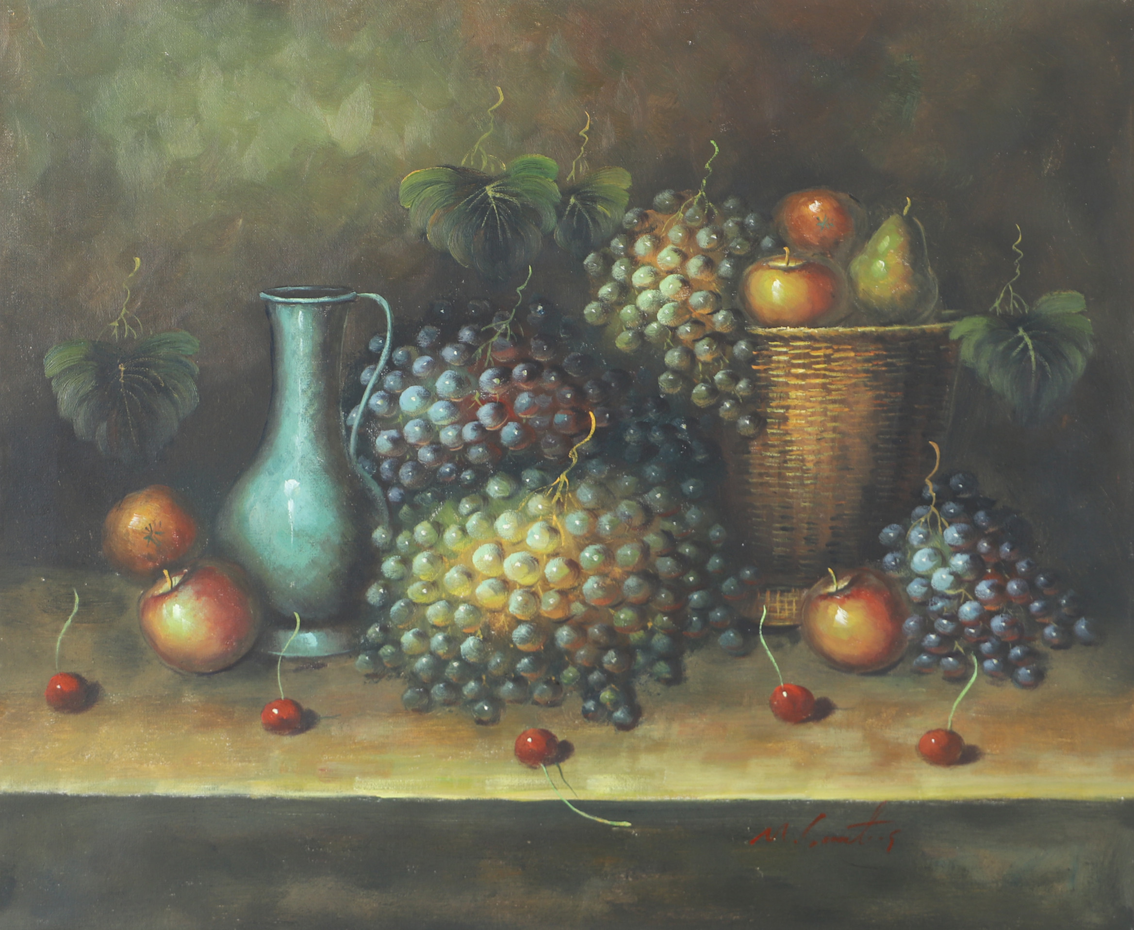 OIDENTIFIERAD KONSTNÄR. Stilleben, oljetryck, otydligt signerad.