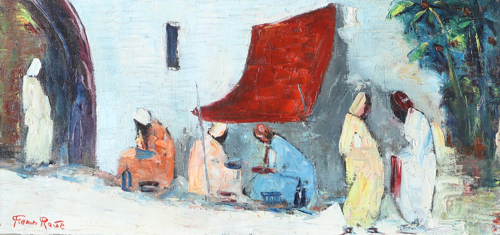 FRANS RASE. Gata med figurer, olja på duk, signerad.