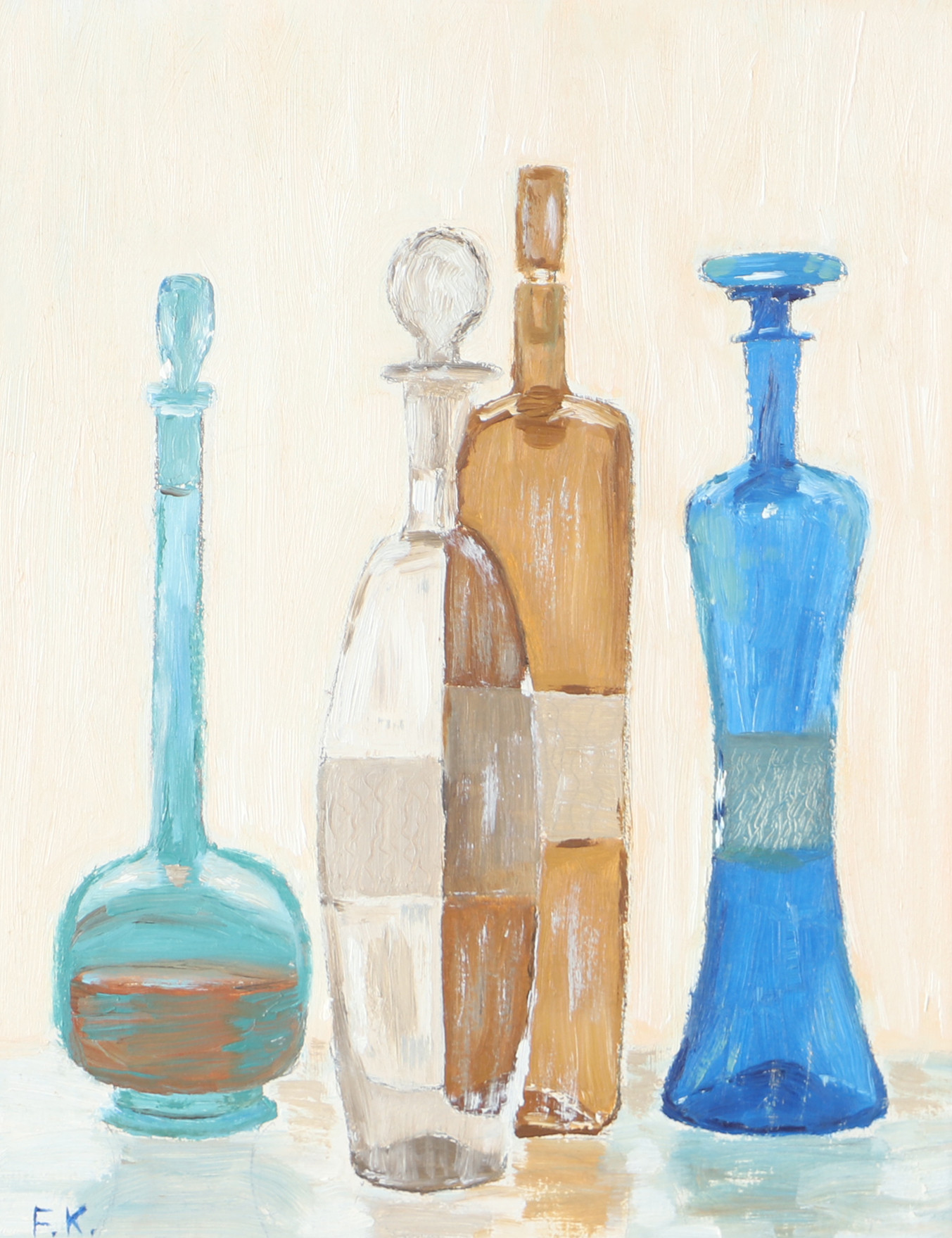 OIDENTIFIERAD KONSTNÄR. Stilleben med karaffer, olja på pannå, signerad F.K.