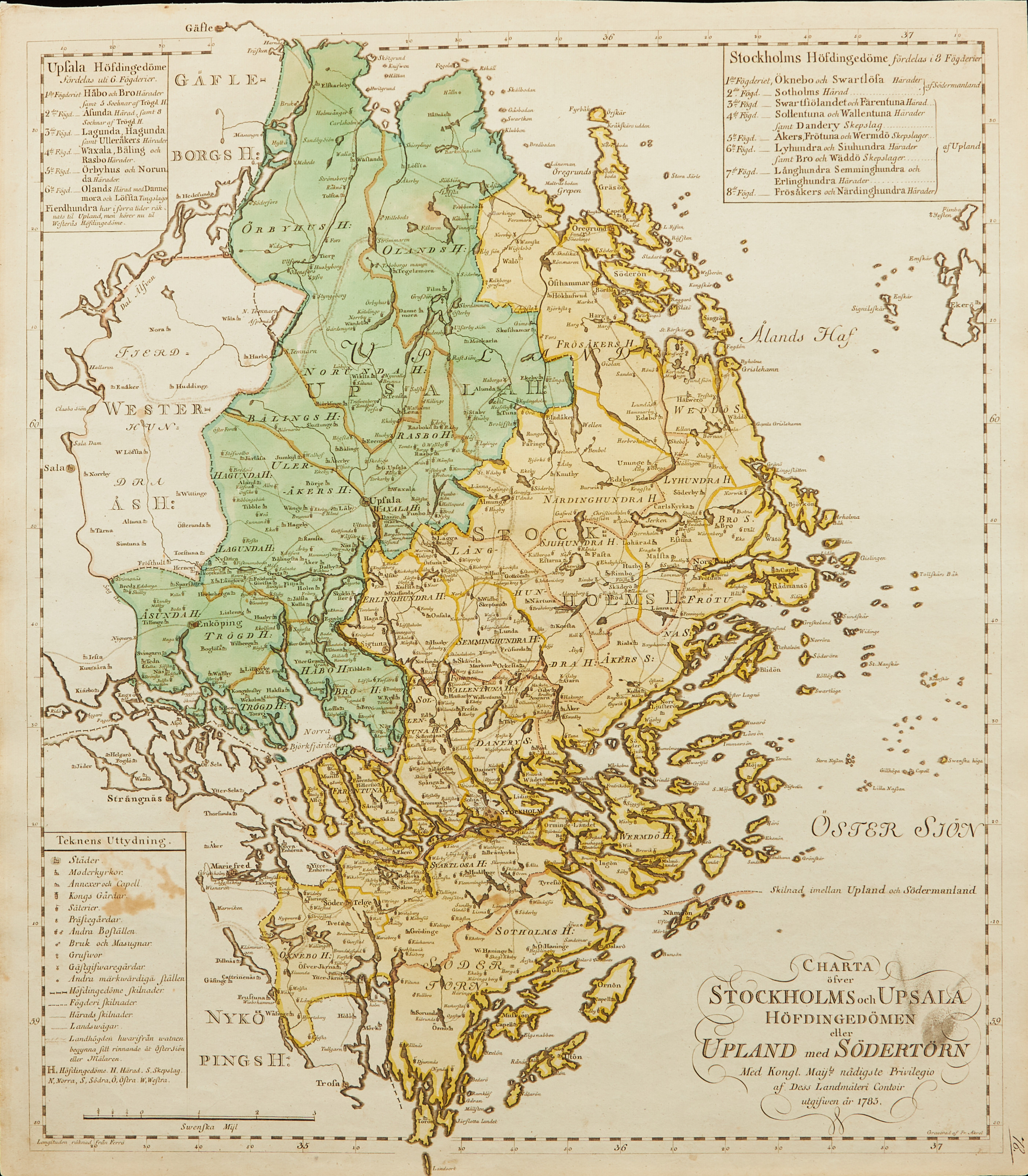 CHARTA ÖFWER STOCKHOLMS OCH UPSALA HÖFDINGEDÖMEN, 1785.