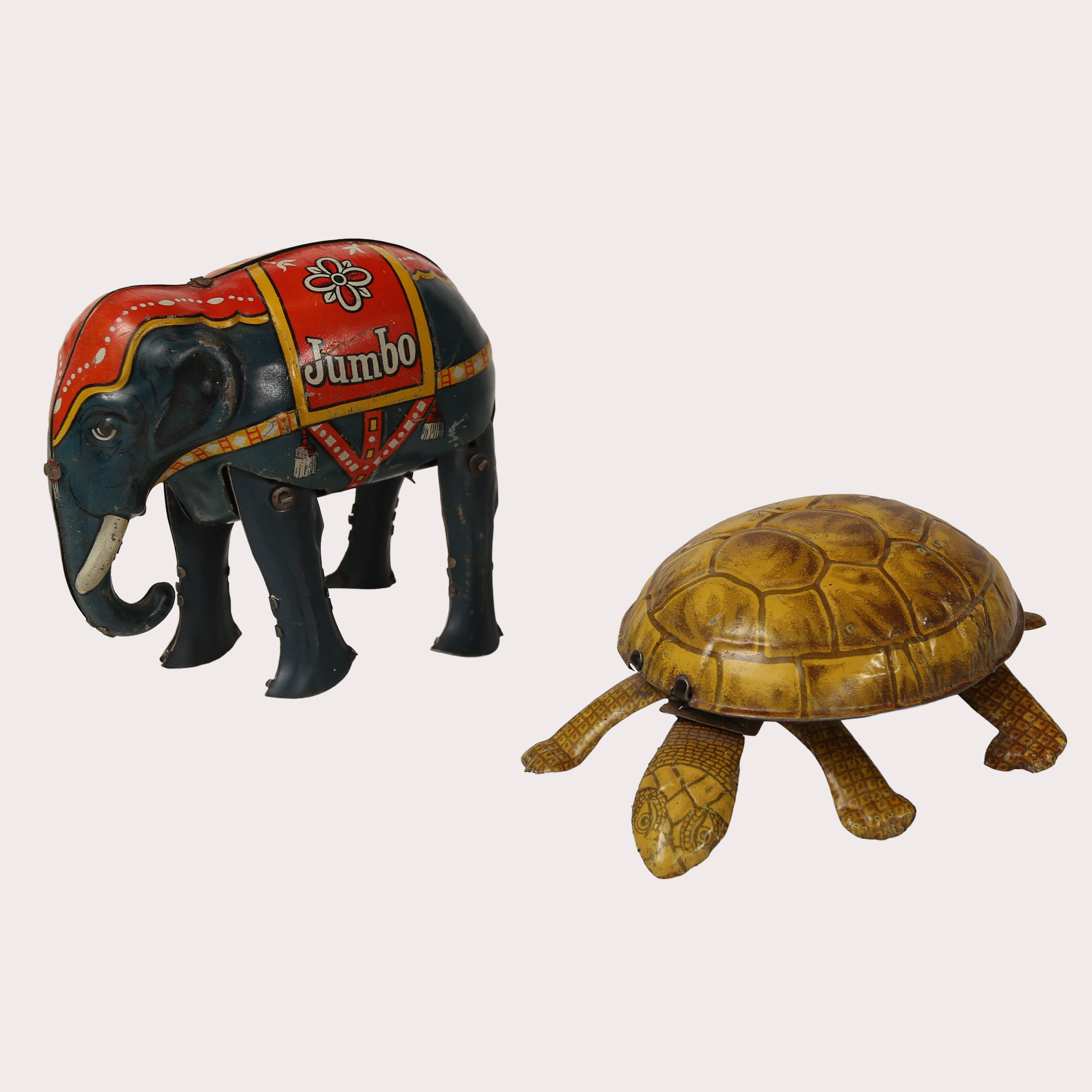 PLÅTLEKSAKER, Tyskland, Sköldpadda, S. G. Gunthermann, elefant "Jumbo" Blomer & Schüler. 1950-tal.