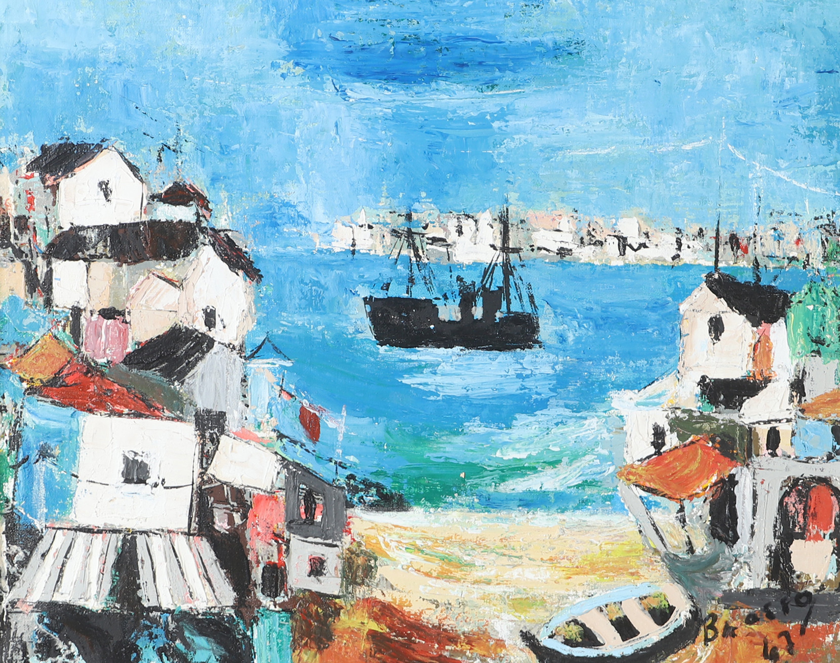 OIDENTIFIERAD KONSTNÄR. Medelhavsby, olja på duk, otydligt signerad.