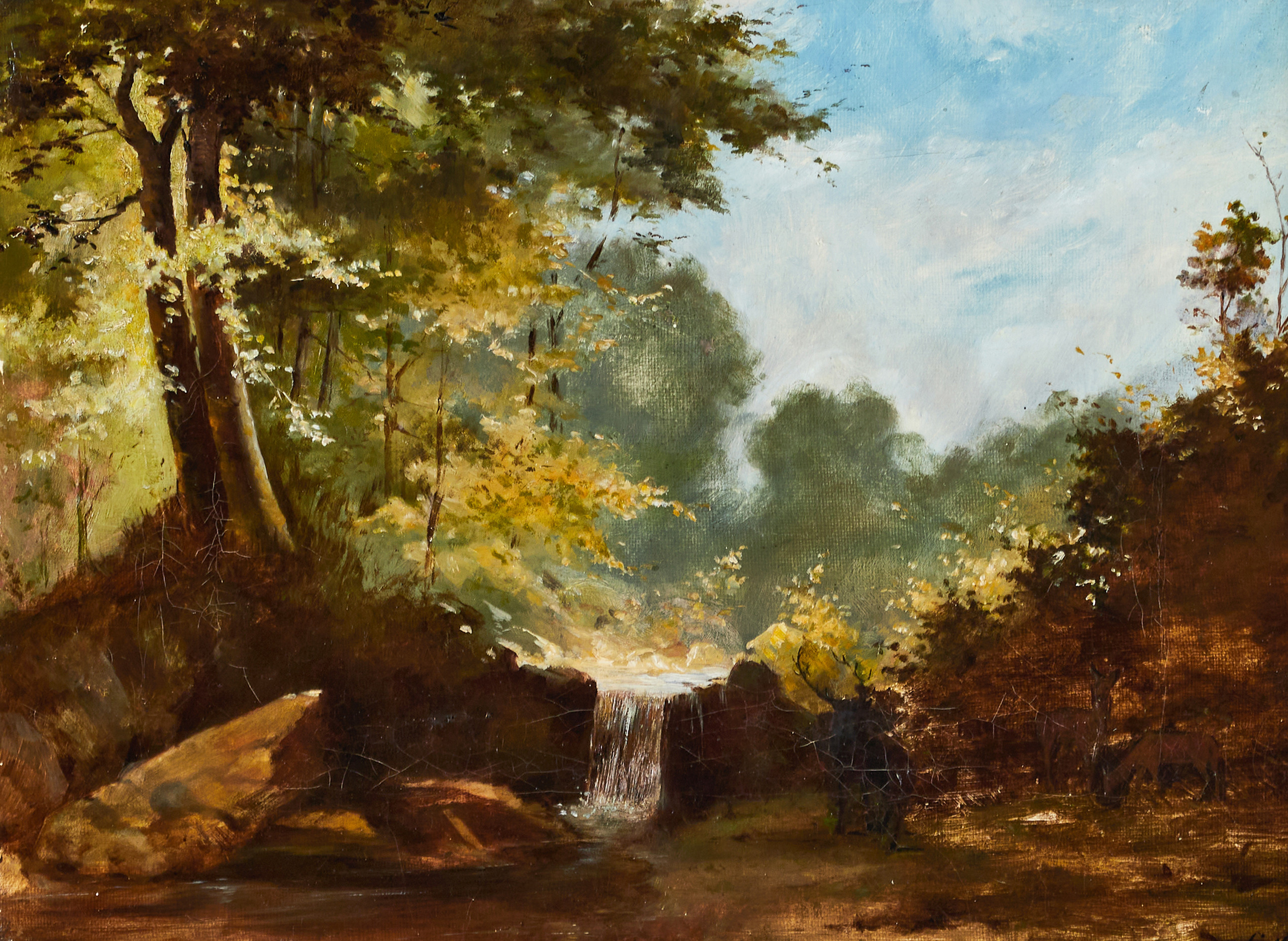 TYSK SKOLA, landskap med vattenfall och hjortar, monogramsignerad CB, olja på duk, 1800-tal.