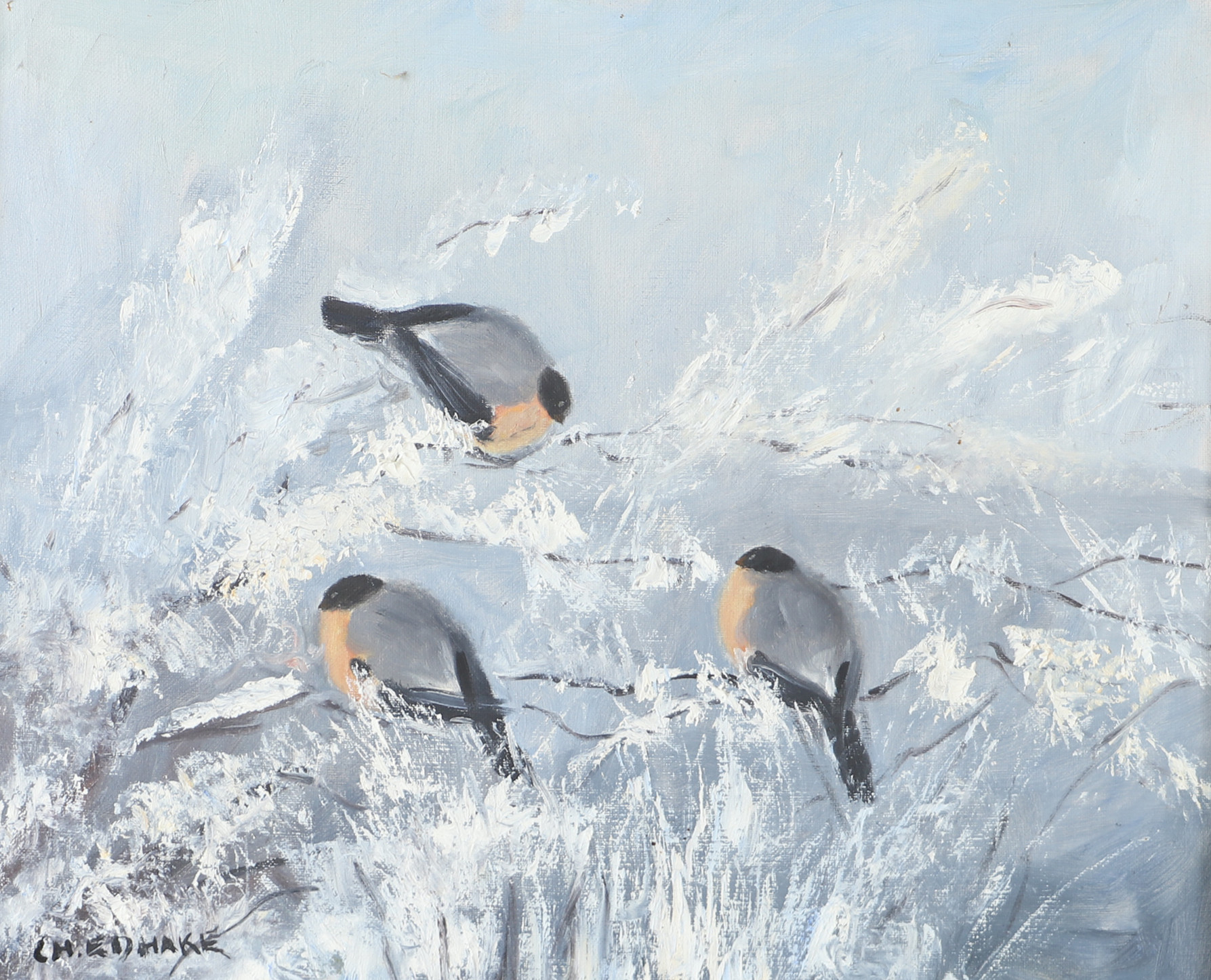 CHARLES EDHAKE. Domherrar i vinterlandskap, olja på duk, signerad Sh. Edhake.