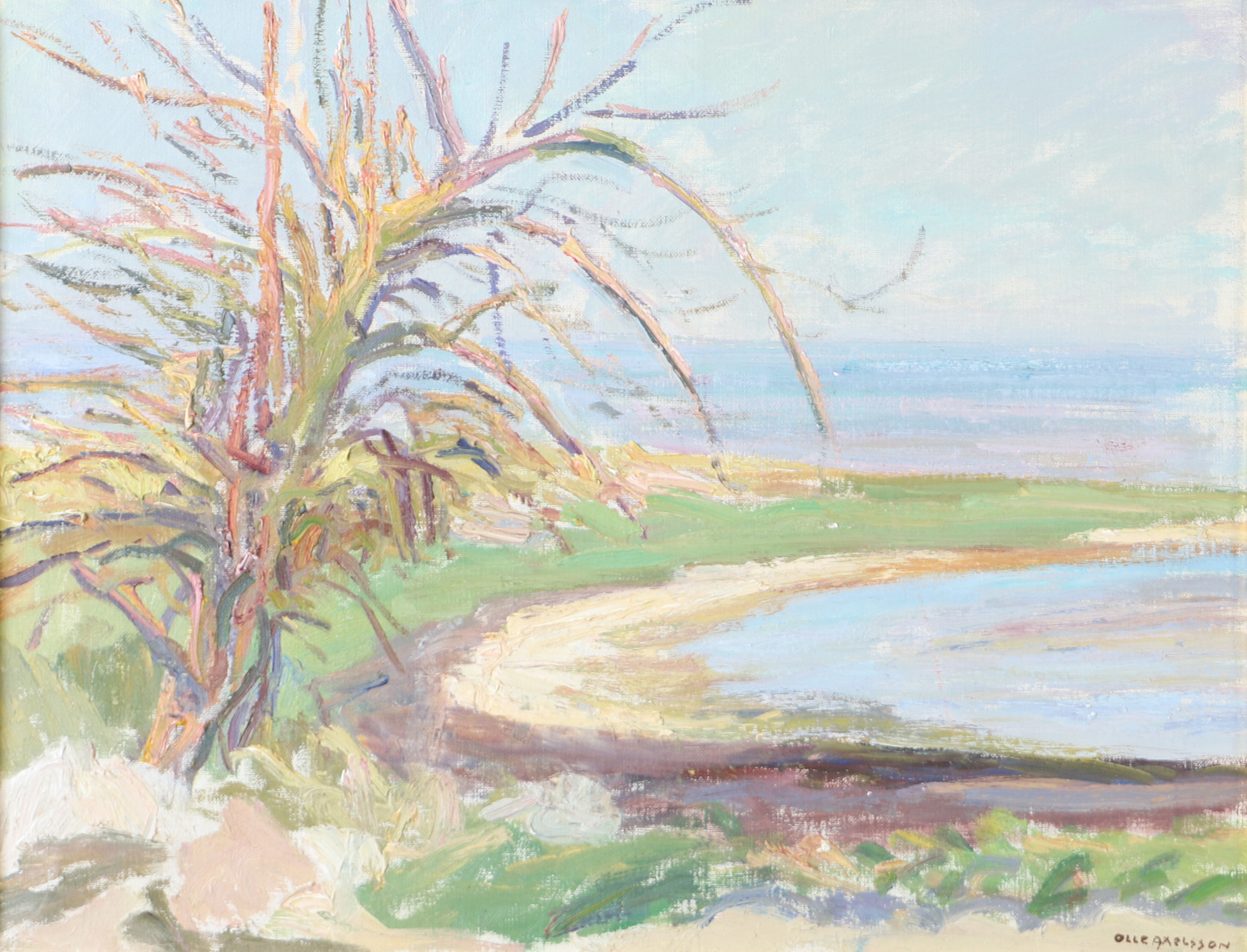 OLLE AXELSSON. Kustparti med träd, olja på duk, signerad.
