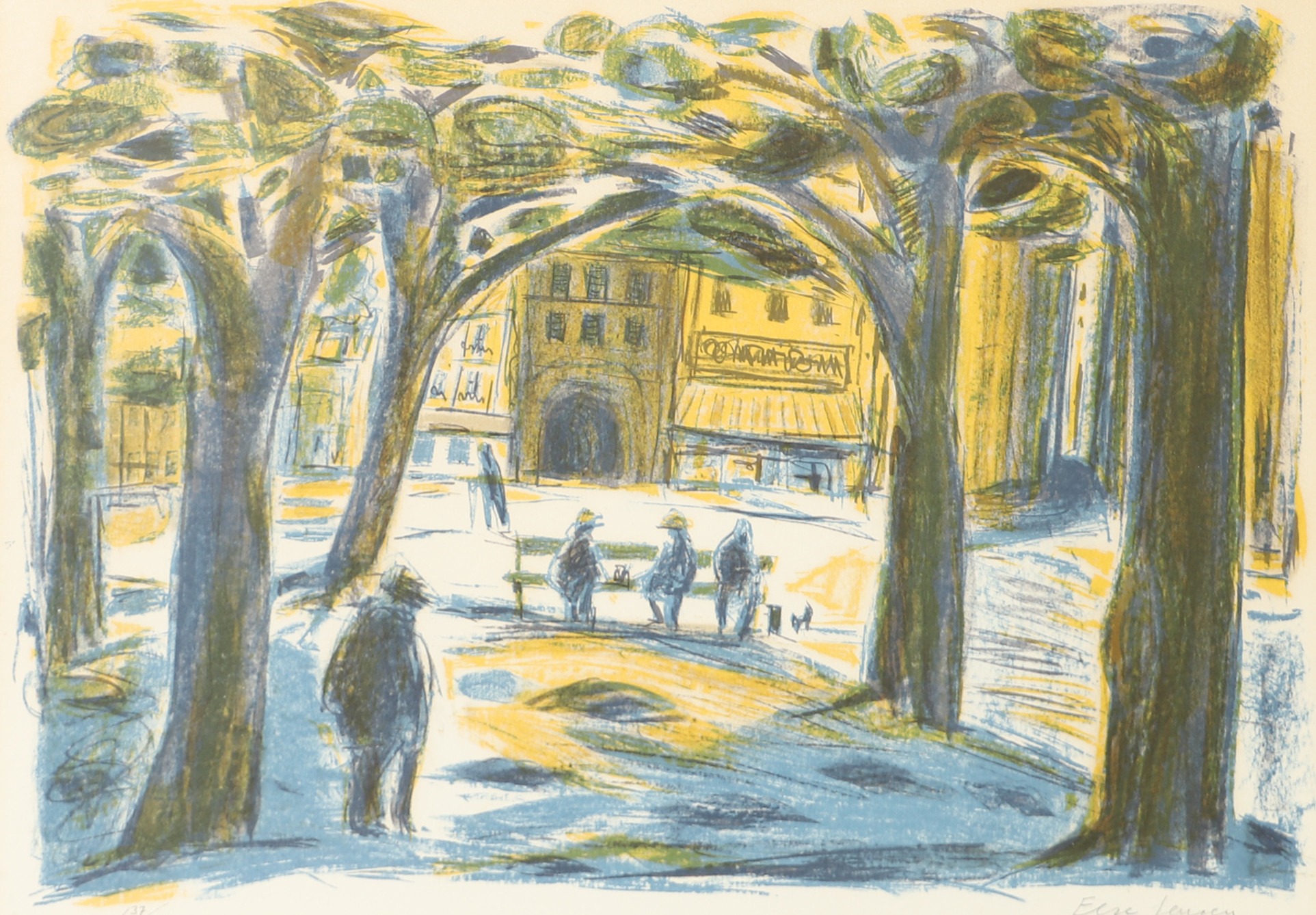 ELSE JENSEN. Torg med figurer, färglitografi, signerad.