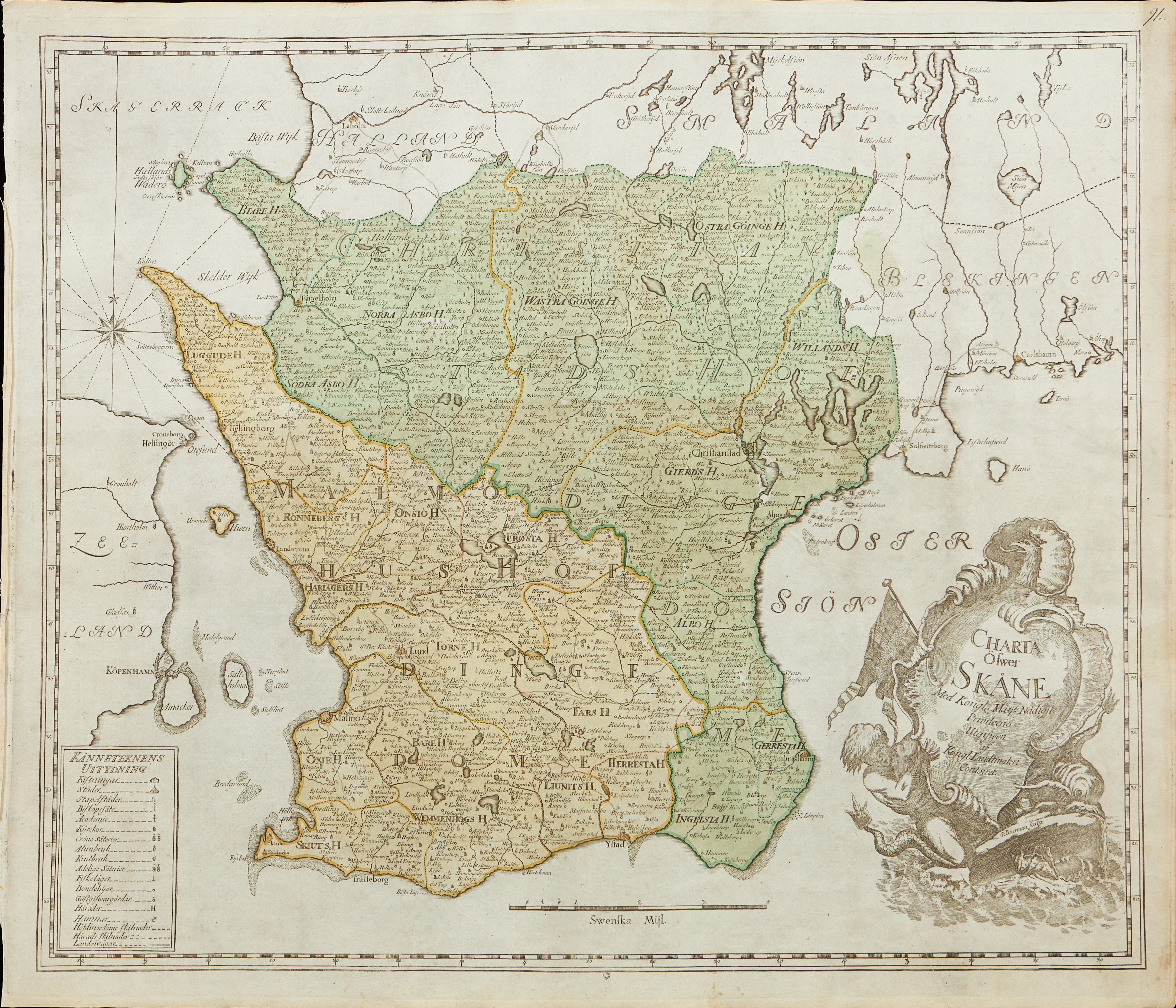 KARTA ÖVER SKÅNE, CA 1750.