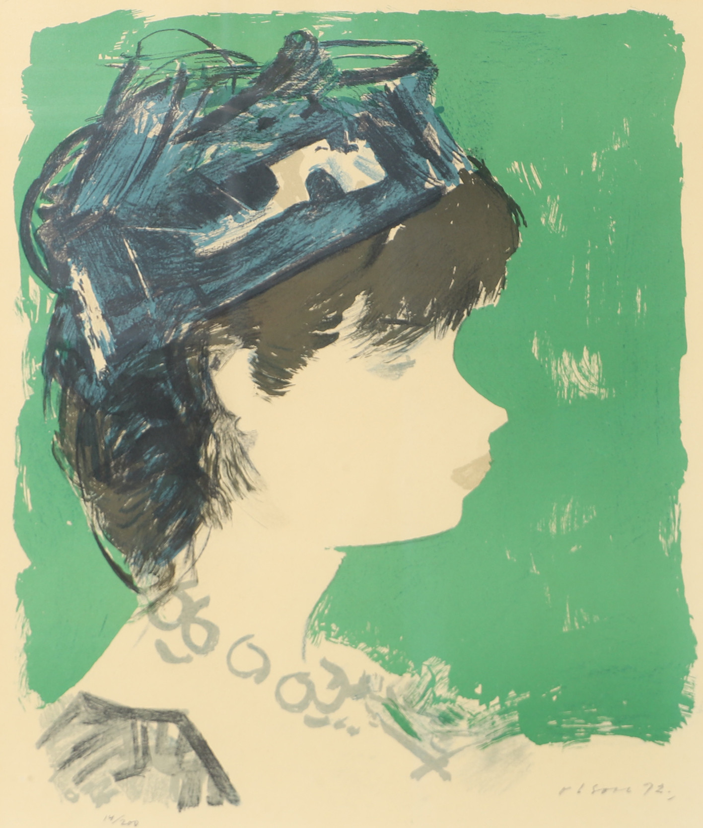 OVE OLSON. Porträtt, färglitografi, signerad Olson -92.