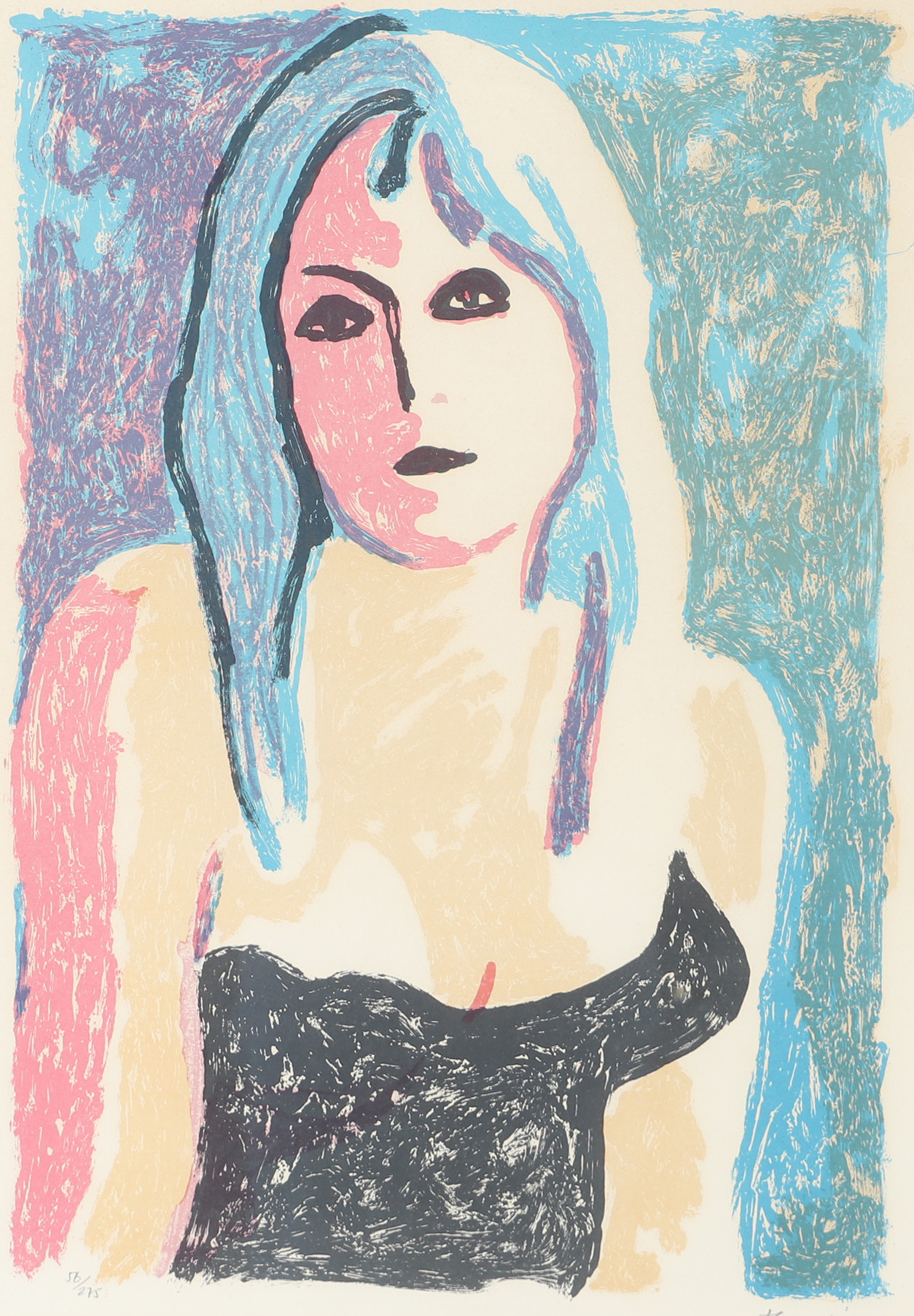 HENNING JENSEN. Flickporträtt, färglitografi, signerad.