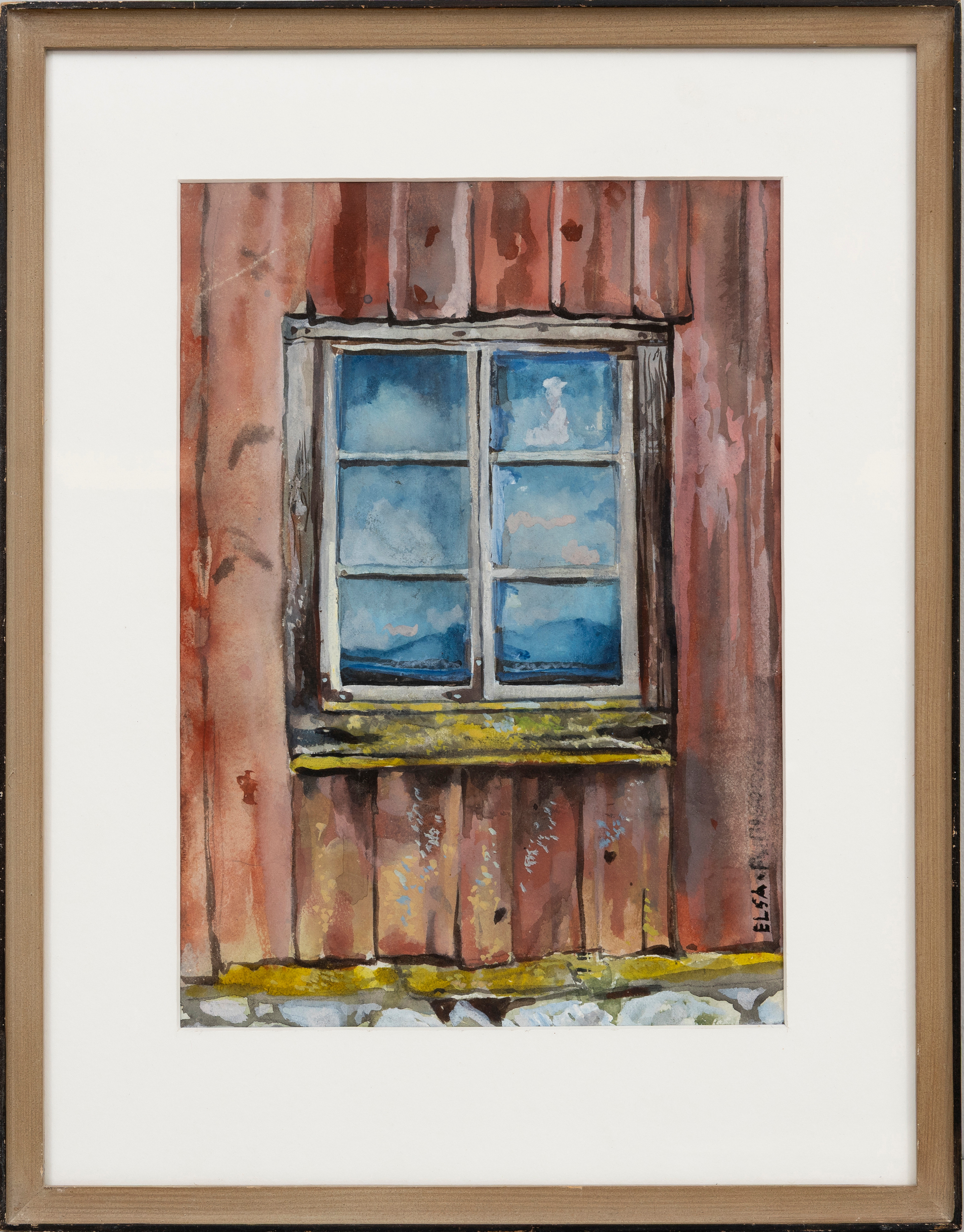 ELSA  FLENSBURG. Husvägg med fönster, blandteknik på papper, signerad.
