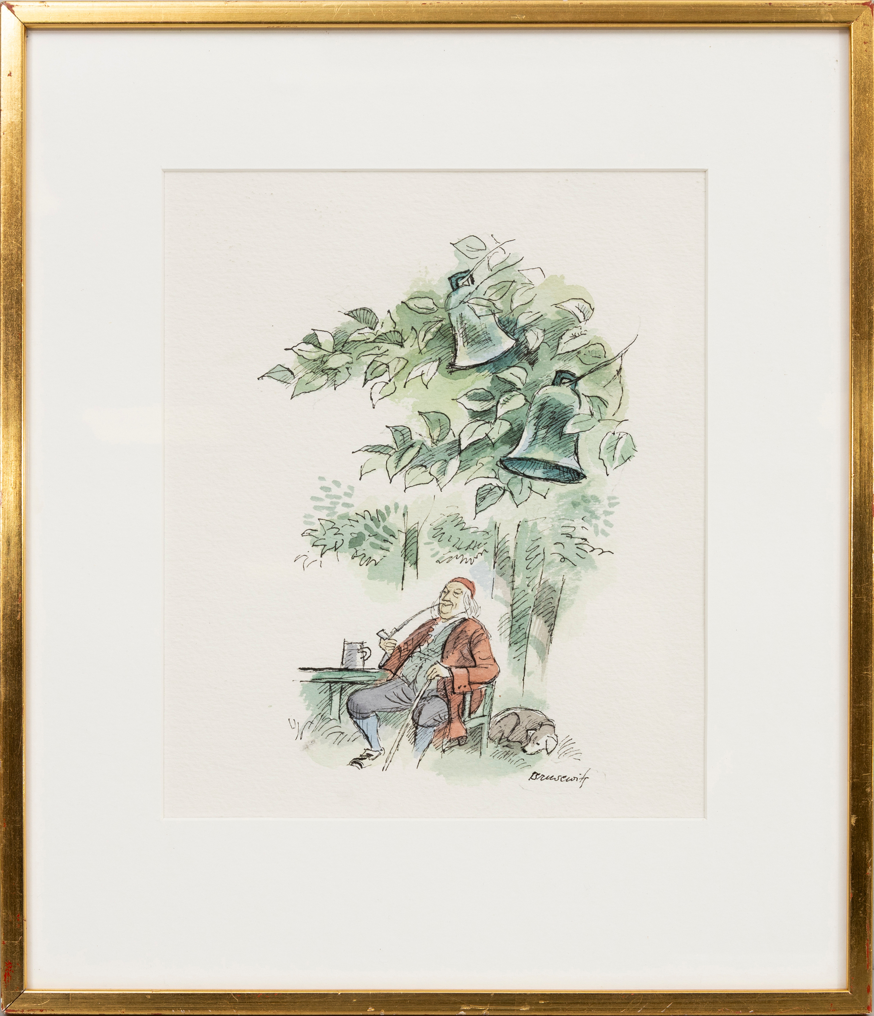 GUNNAR BRUSEWITZ. Sittande man med pipa och hund, blandteknik på papper, signerad.