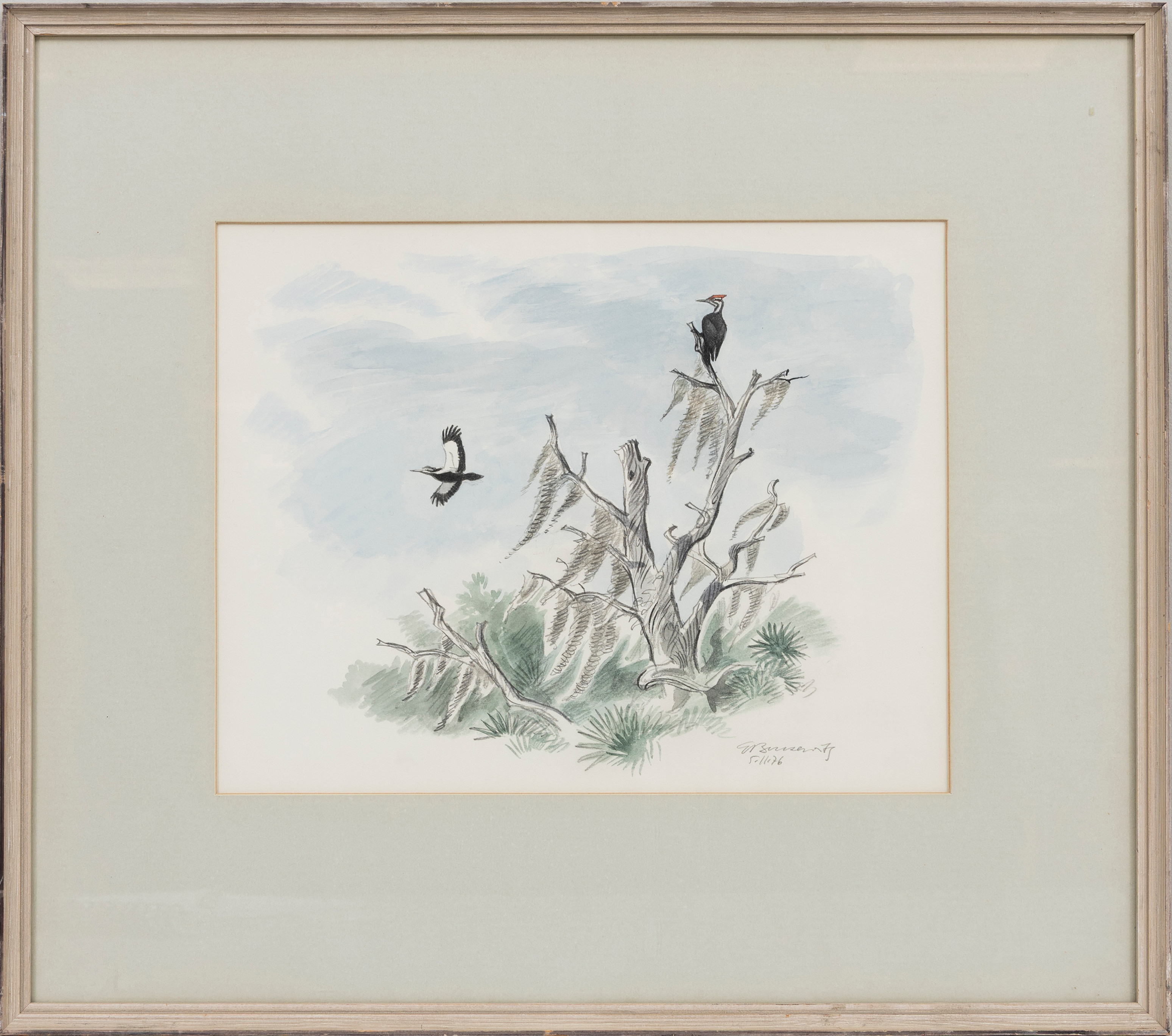 GUNNAR BRUSEWITZ. Fågelmotiv, blandteknik på papper, signerad, daterad 5.11.76.