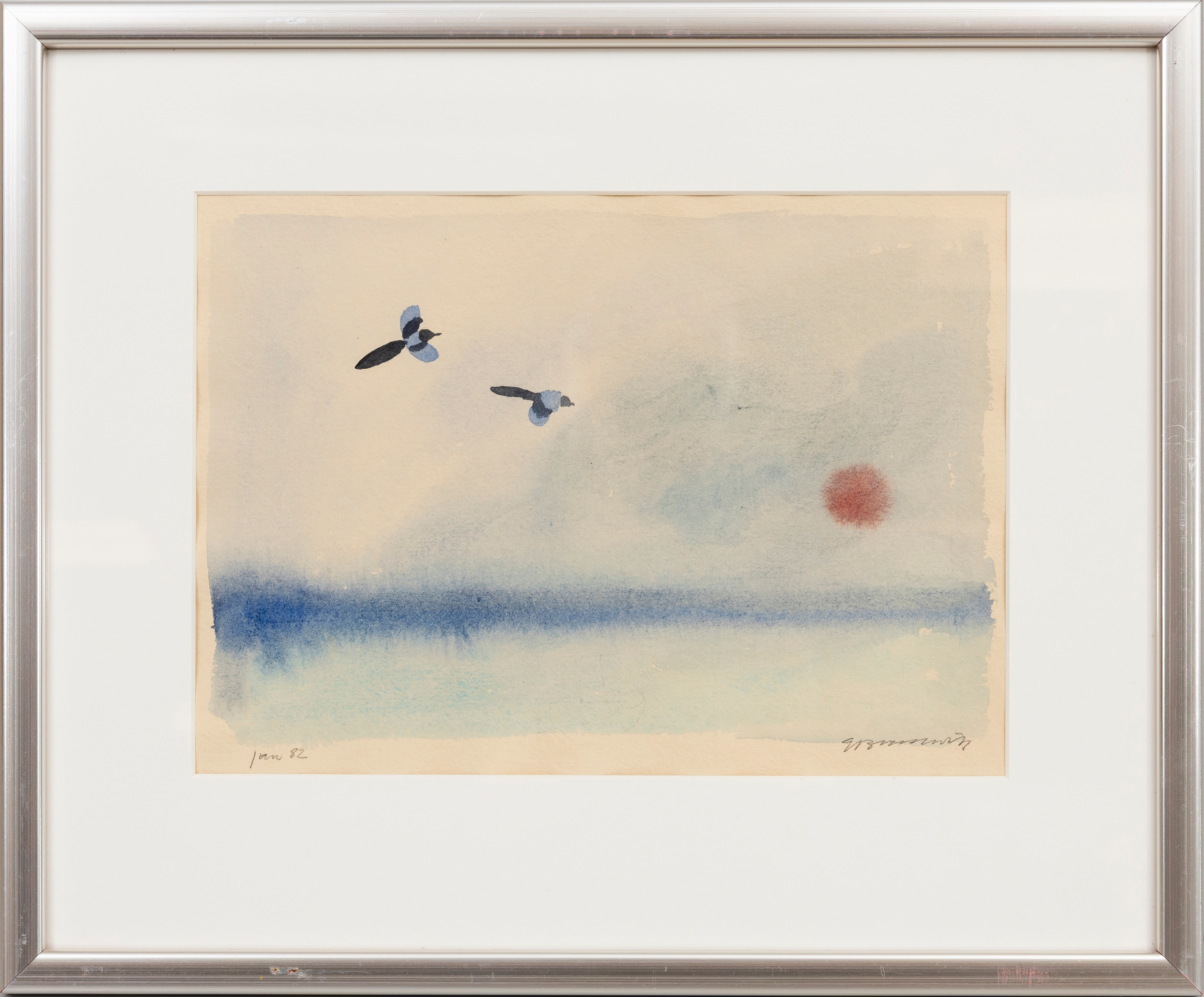 GUNNAR BRUSEWITZ. Flygande skator, akvarell på papper, signerad, daterad Jan 82.