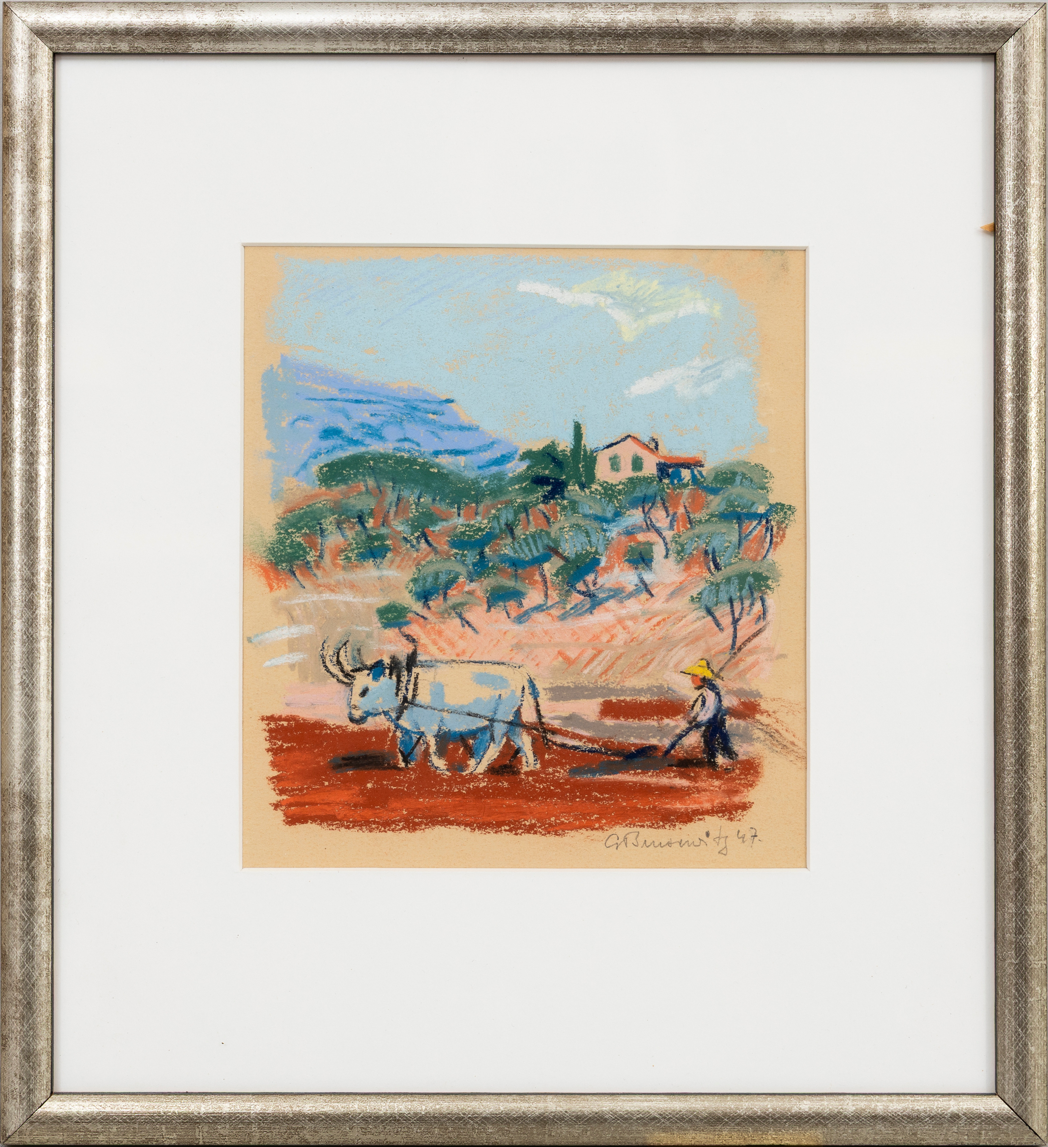 GUNNAR BRUSEWITZ. Jordbrukare med oxe, Italien, pastell på papper, signerad, daterad 47.