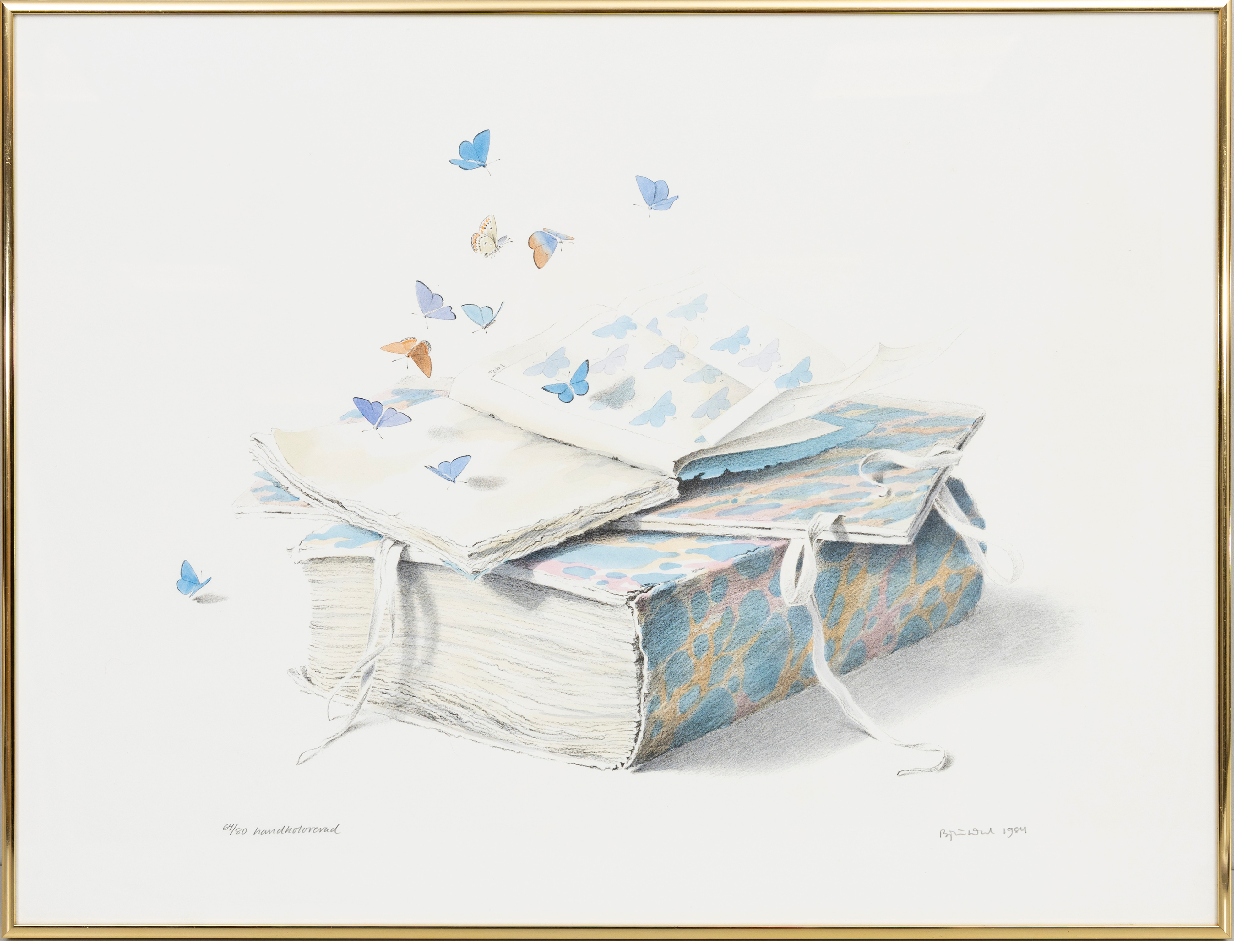 BJÖRN DAHL. "Bibliofila frestelser", handkolorerad litografi, signerad, numrerad 64/80, daterad 1984.