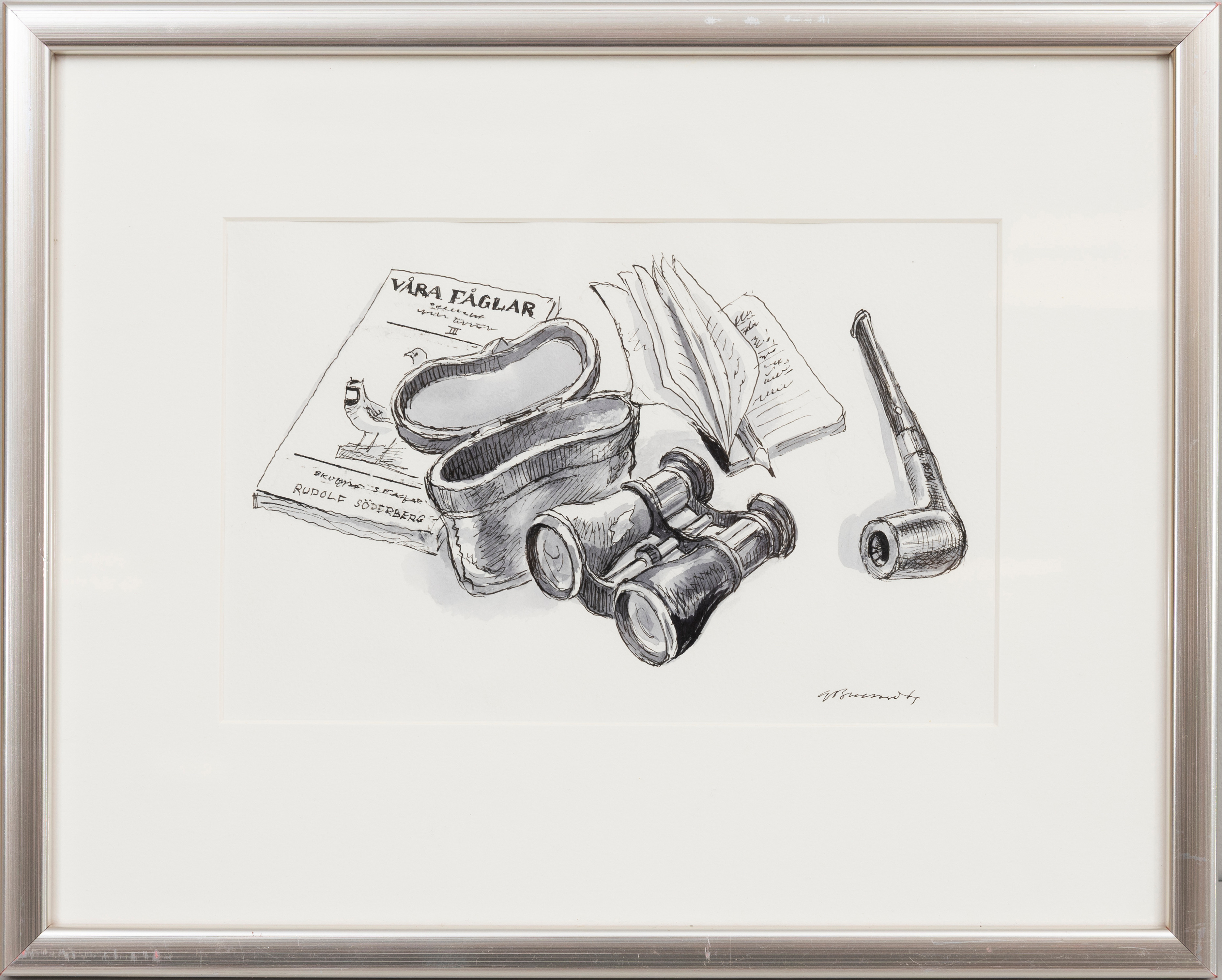 GUNNAR BRUSEWITZ. En fågelskådares tillbehör, tusch och akvarell på papper, signerad.