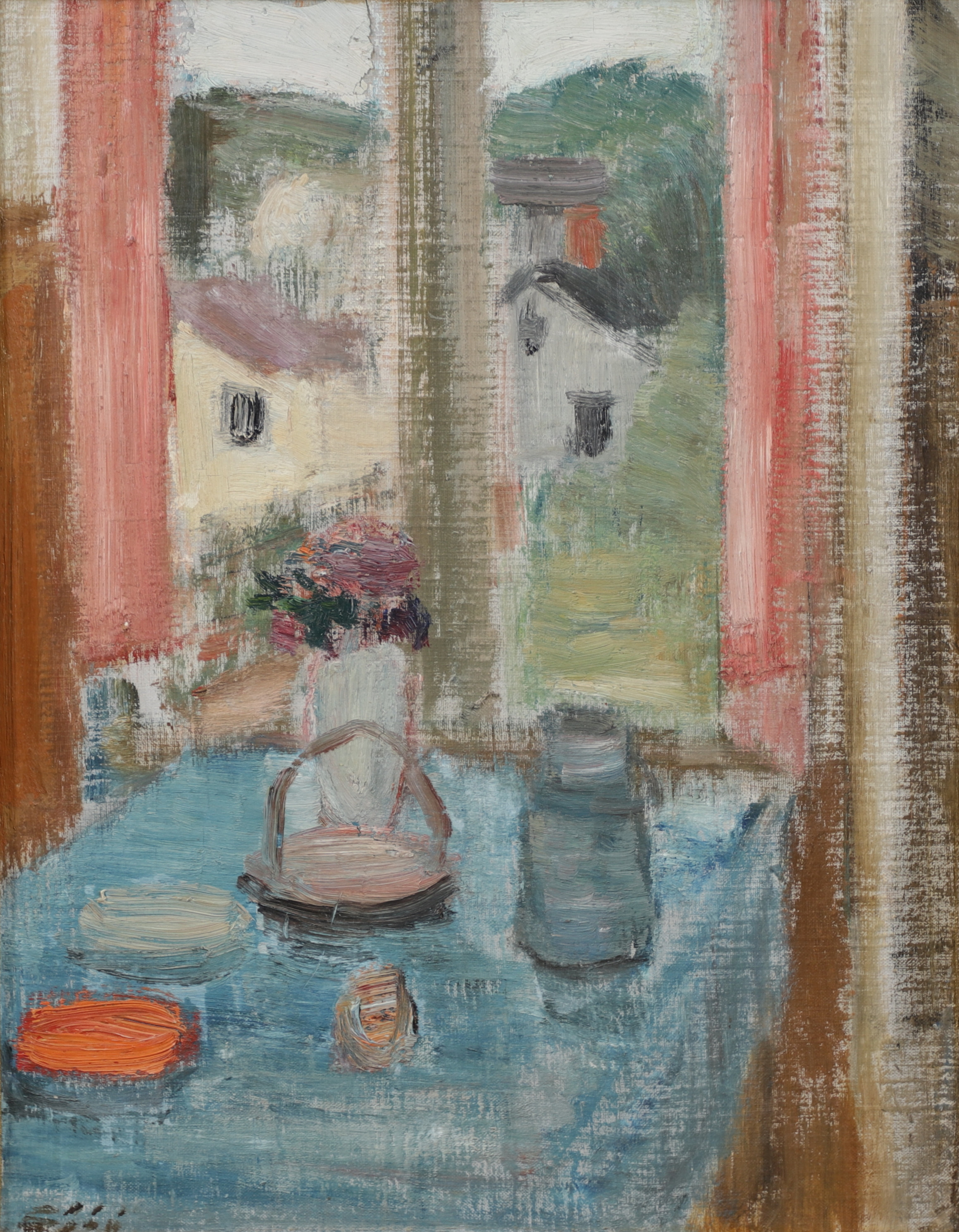 GUSTAF SJÖÖ. Fönsterutsikt, olja på pannå, signerad.