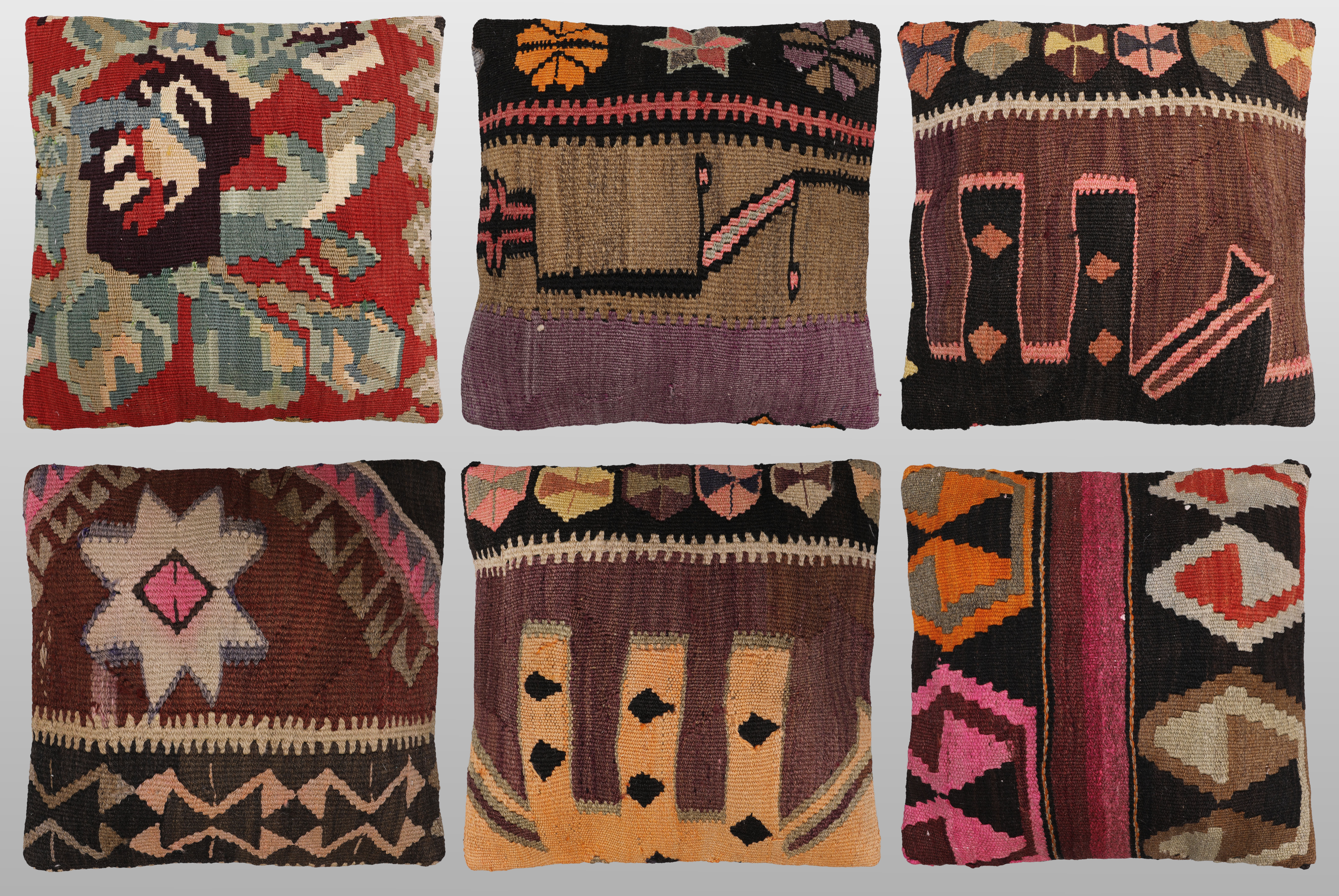 ORIENTMATTA. Parti Kuddfodral 6st, anatoliska Kelim fragment, 40 x 40 cm.