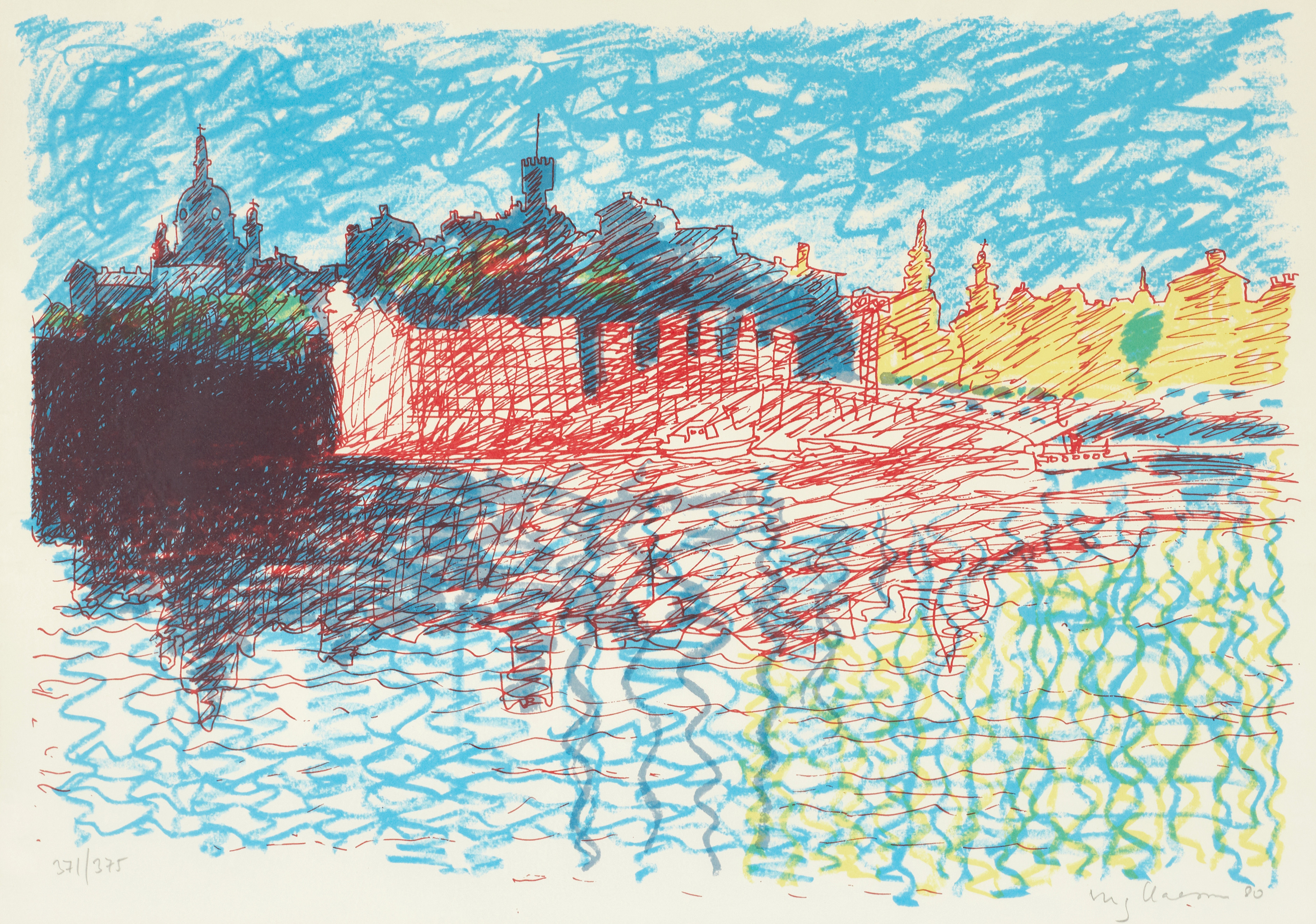 STIG "SLAS" CLAESSON (1928-2008). Utsikt mot Södermalm, signerad, daterad -80, numrerad 371/375, färglitografi.