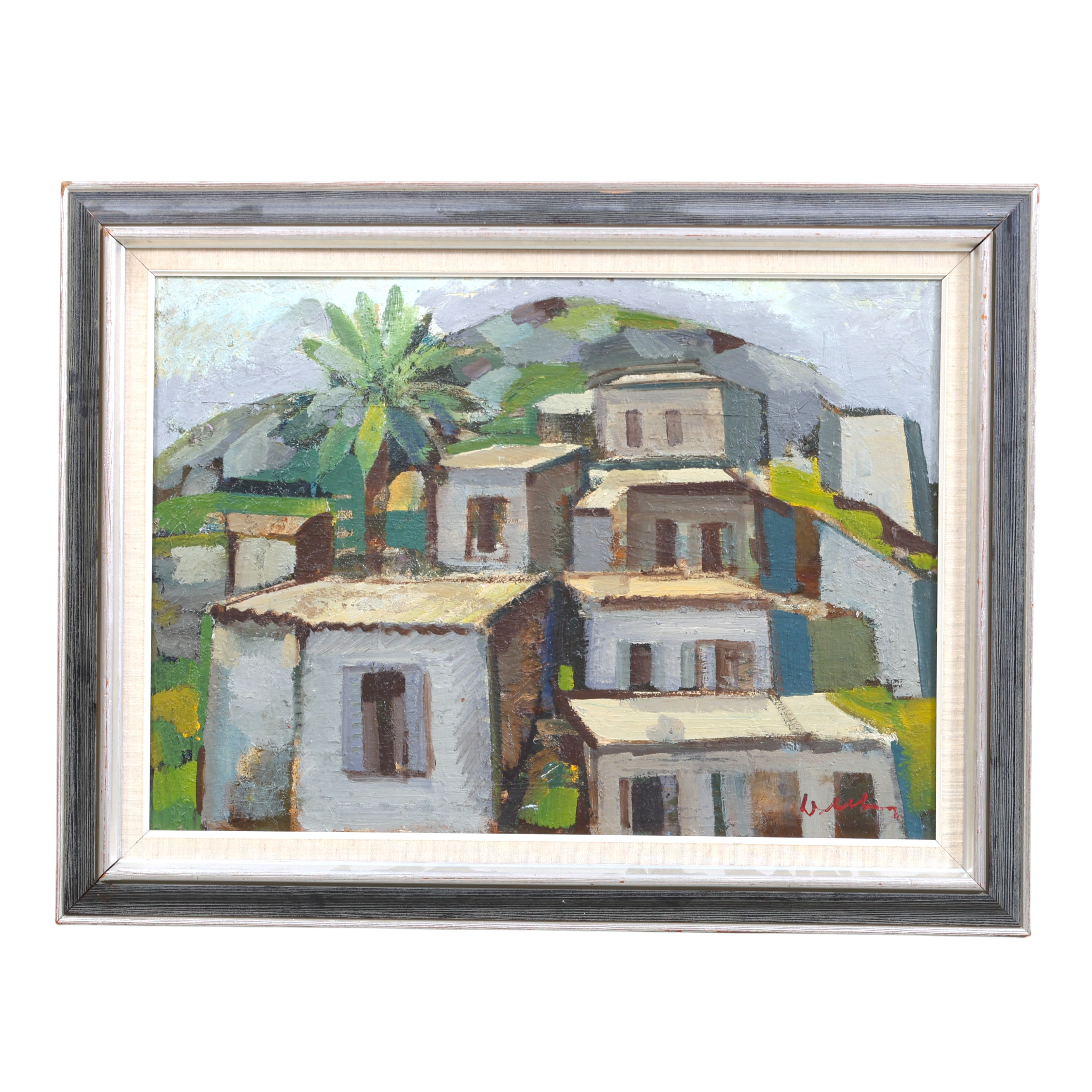 BERTIL WAHLBERG. Olja på pannå, hus vid bergen, signerad.