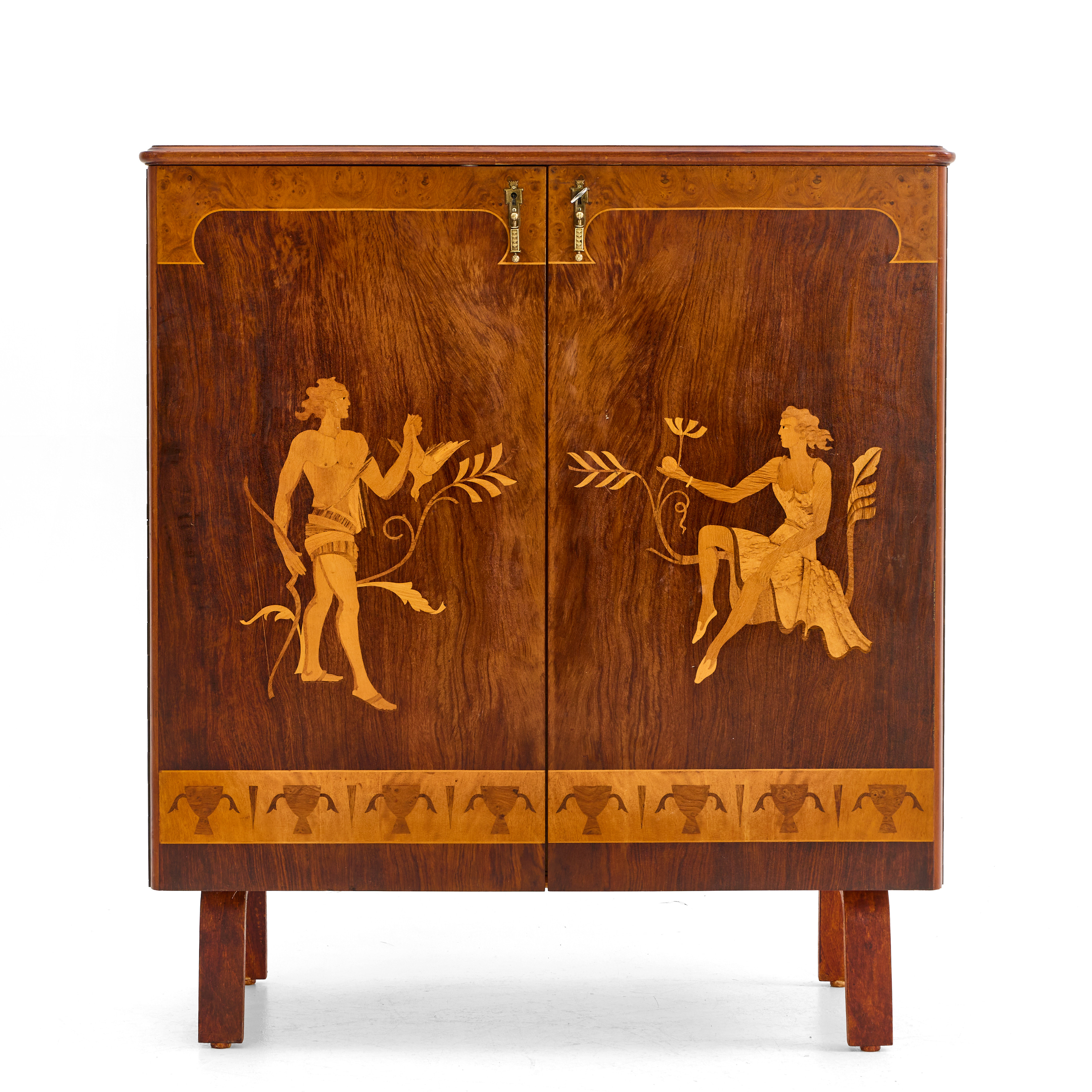 SKÅP, 1930-tal, Swedish Grace, Önemans Möbler, Gränna, dörrpar med dekor från Mjölby Intarsia, stämplad SMI 313.