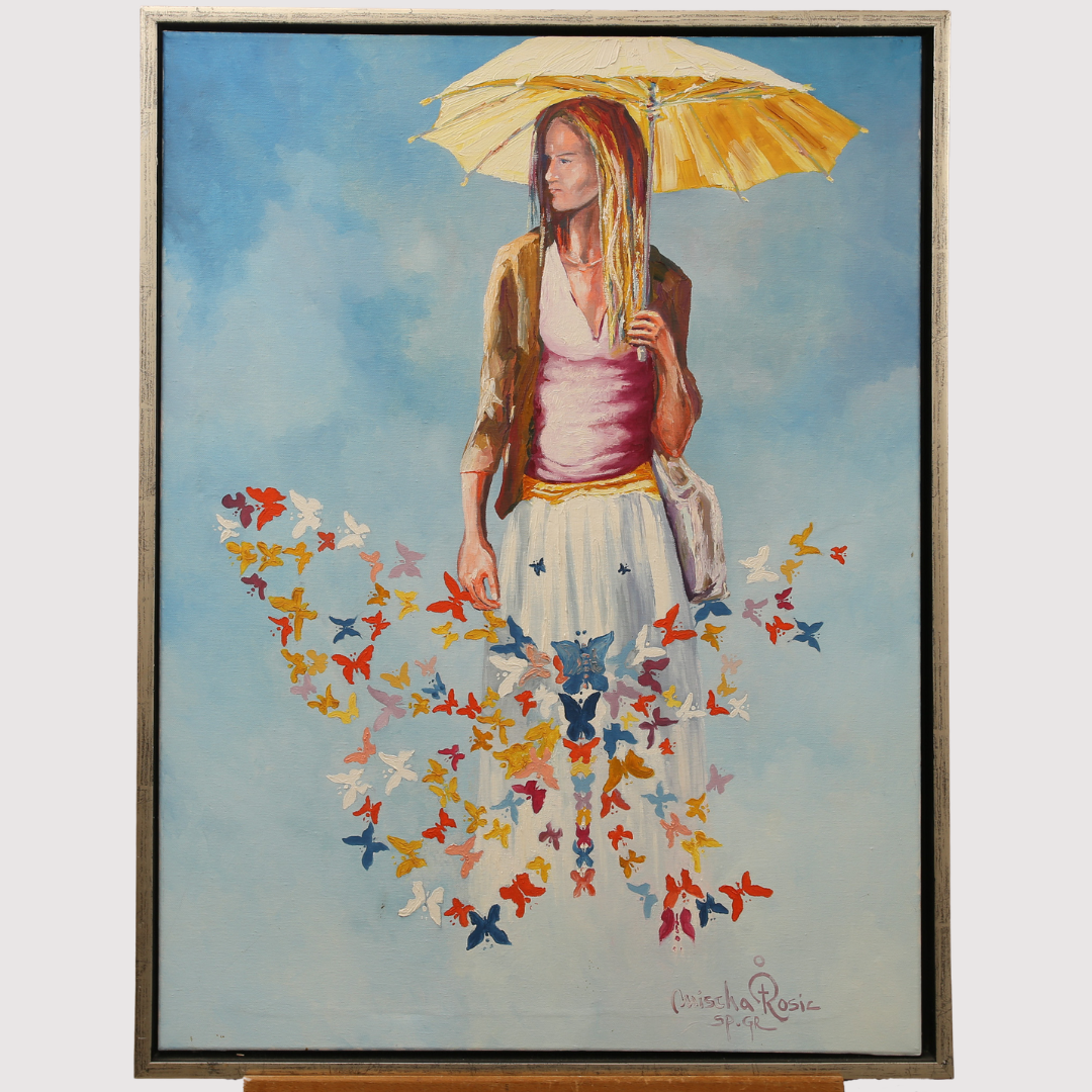MISCHA ROSIC. Olja på duk, flickan med paraplyet, signerad.