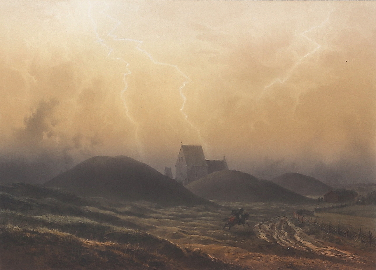 CARL JOHAN BILLMARK. EFTER. "Gamla Upsala högar". Litografiskt tryck, signerat i trycket.