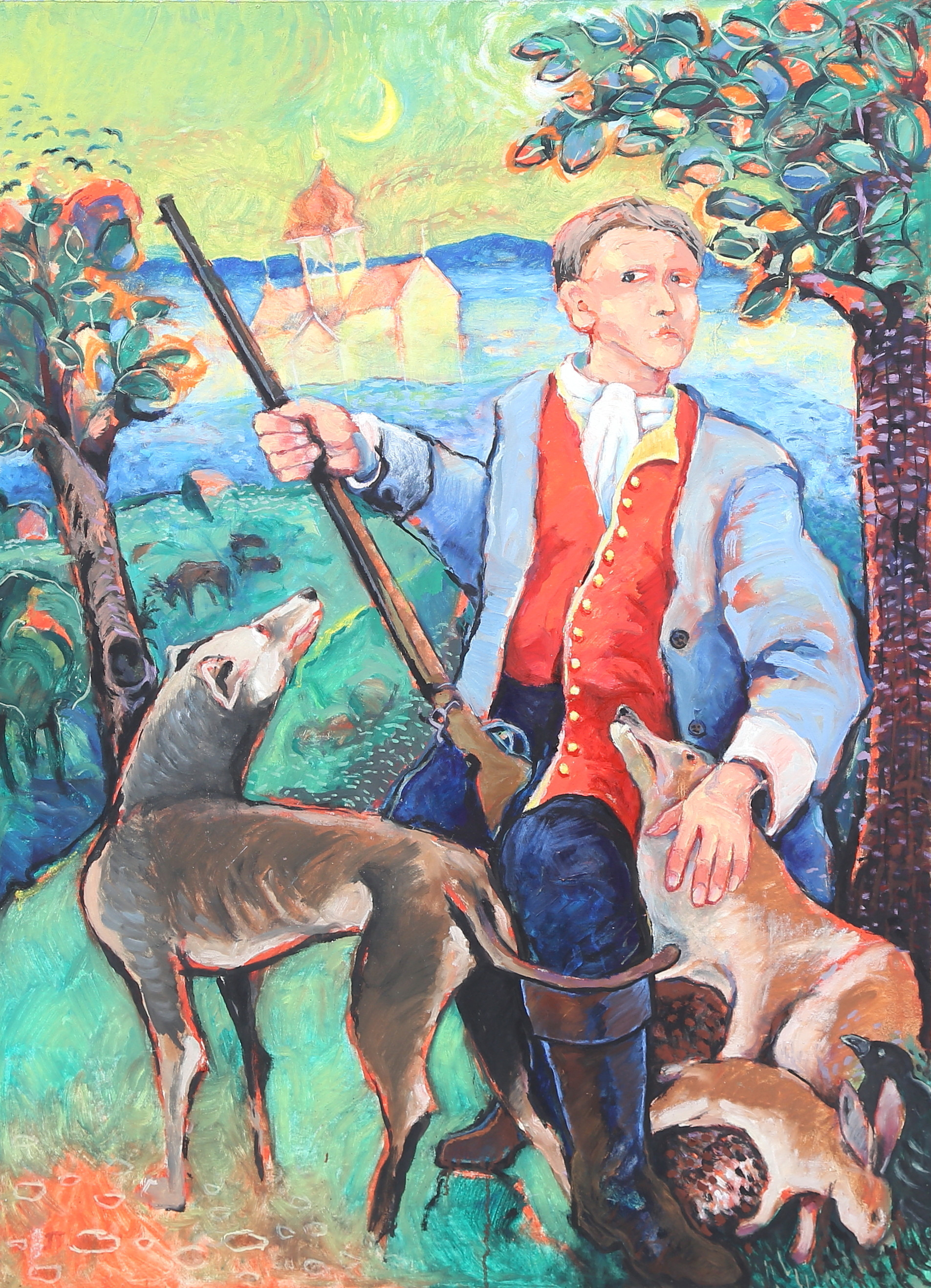 JUSSI TAIPALEENMÄKI. olja på pannå, "Jaktpaviljongen", signerad.