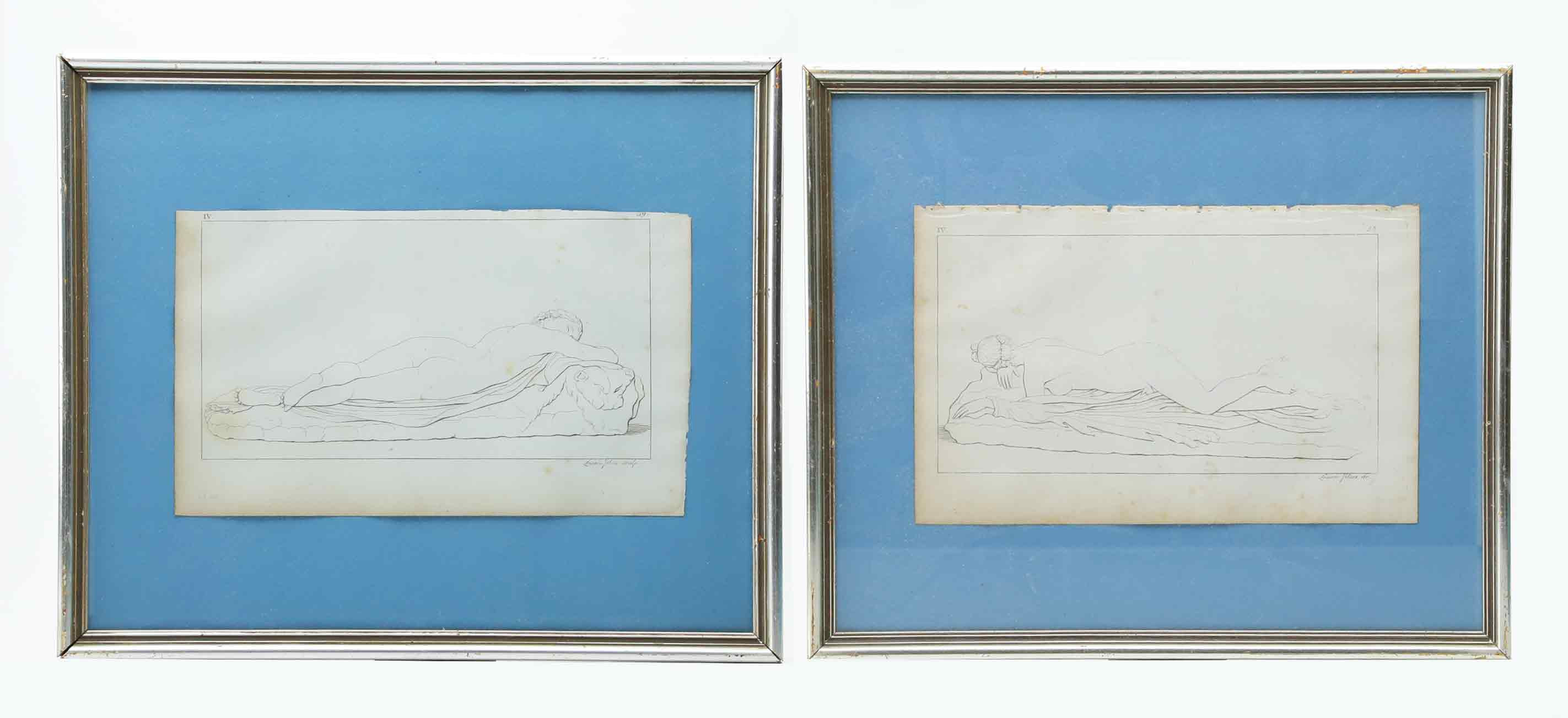 ANTIONIO CANOVA. Efter, litografier, 2 st, "Den sovande nymfen", 1800-tal.