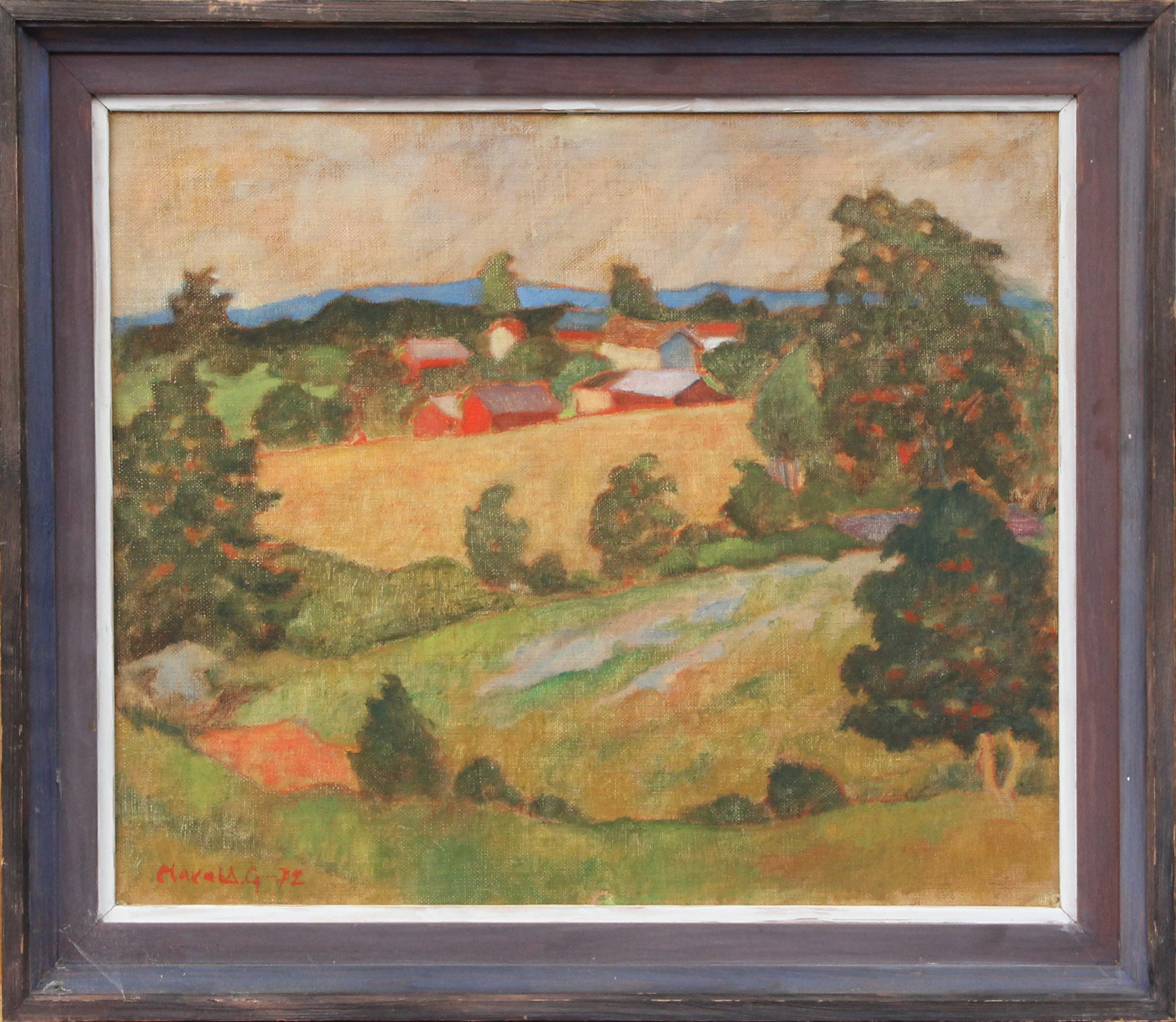 OIDENTIFIERAD KONSTNÄR. OLJA, på pannå, bymiljö, signerad Harald.