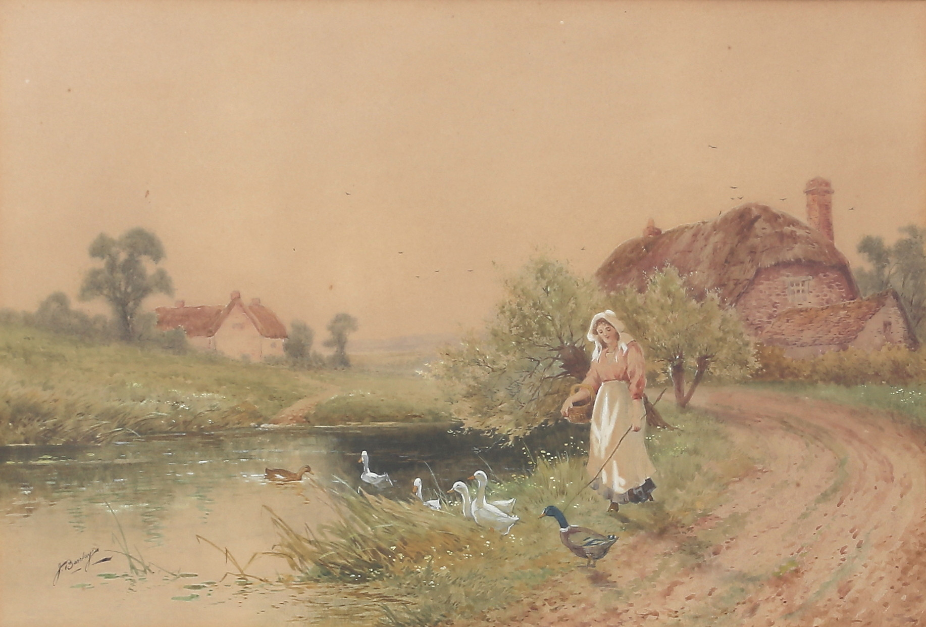 OIDENTIFIERAD KONSTNÄR. Flicka med ankor. Akvarell, signerad J. Barclay, 1800/1900-tal.