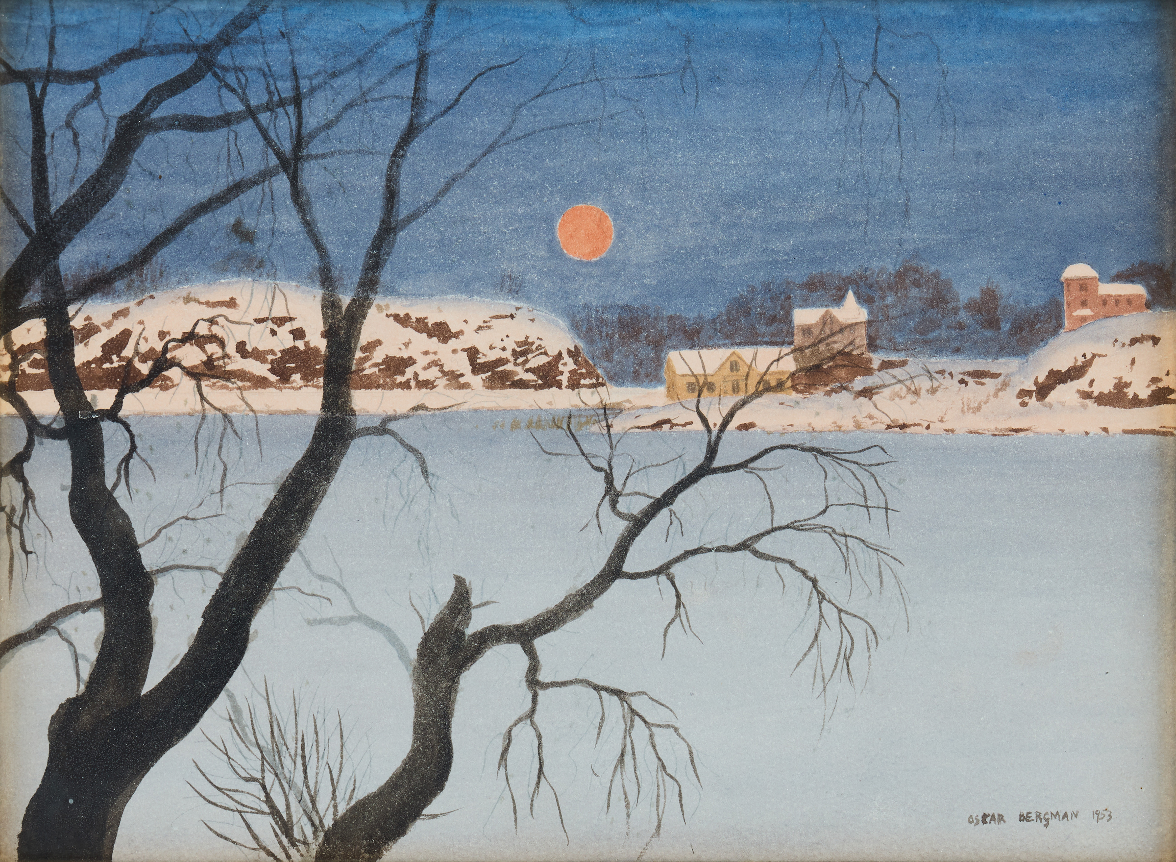 OSKAR BERGMAN. Vinterlandskap, troligen Saltsjöbaden.